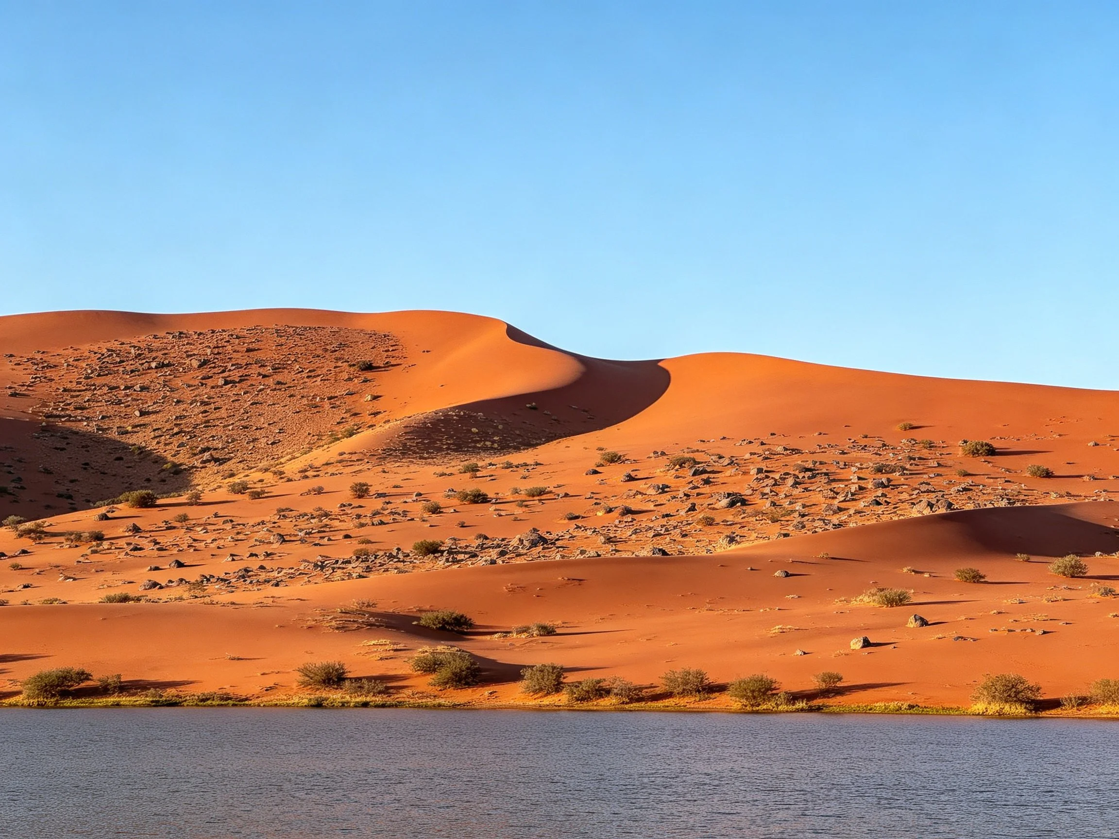 Vibrant orange sand dunes near calm water with sparse desert vegetation