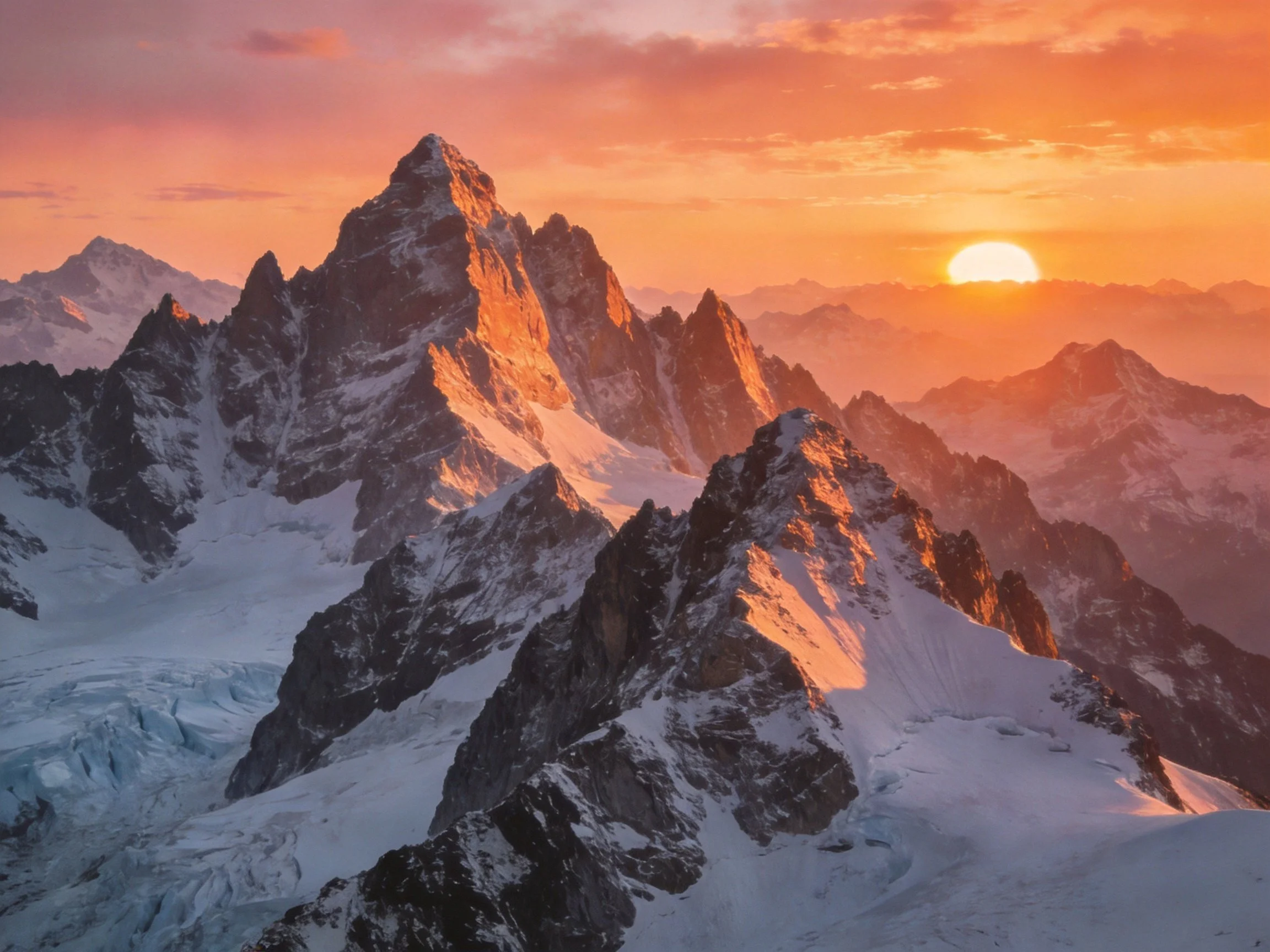 Vibrant orange sunset illuminates snow-capped mountain summits