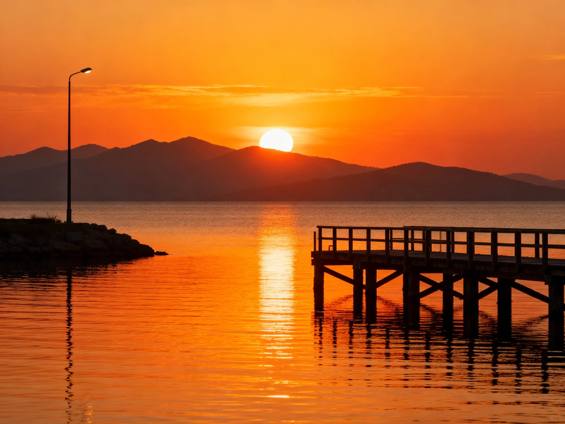 Vibrant orange sunset over calm waters with wooden pier and distant mountains