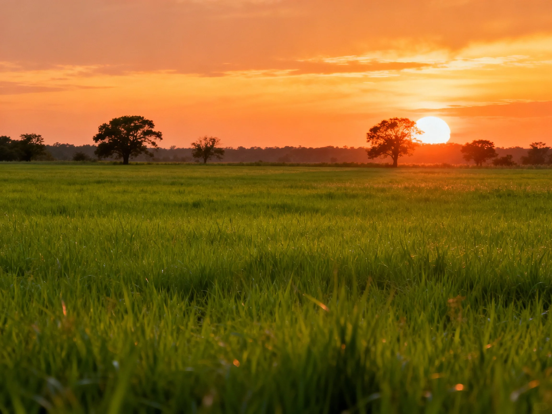 Vibrant orange sunset over lush green meadow with scattered trees