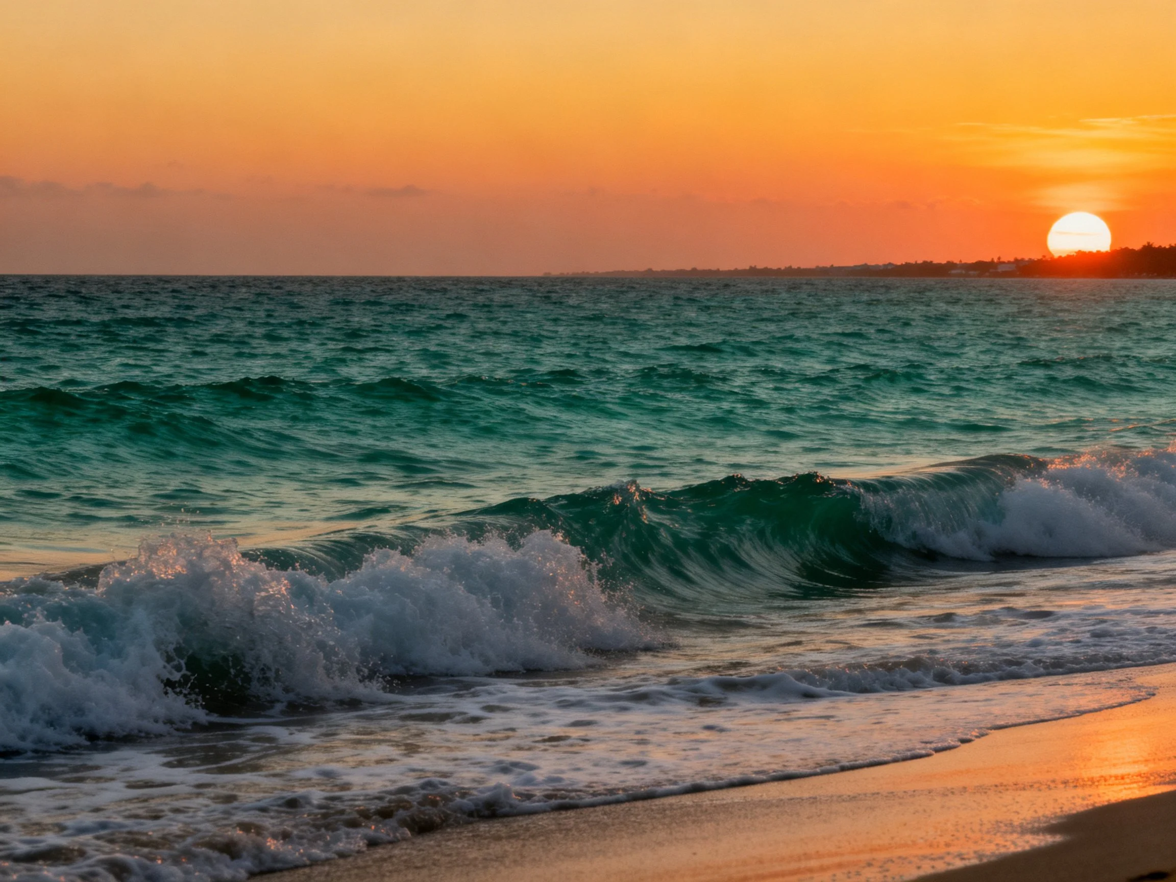 Vibrant orange sunset over turquoise ocean waves on sandy shore