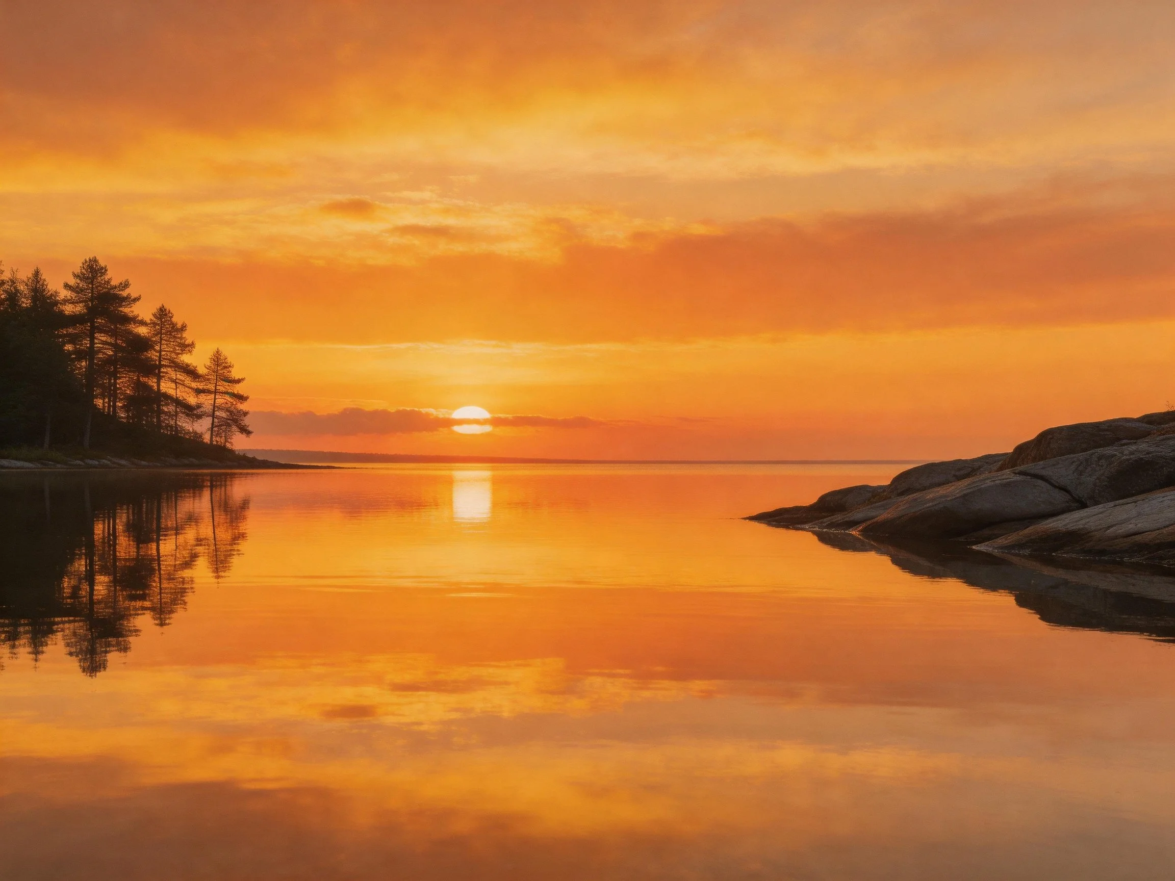 Vibrant orange sunset reflects on calm water by rocky shore