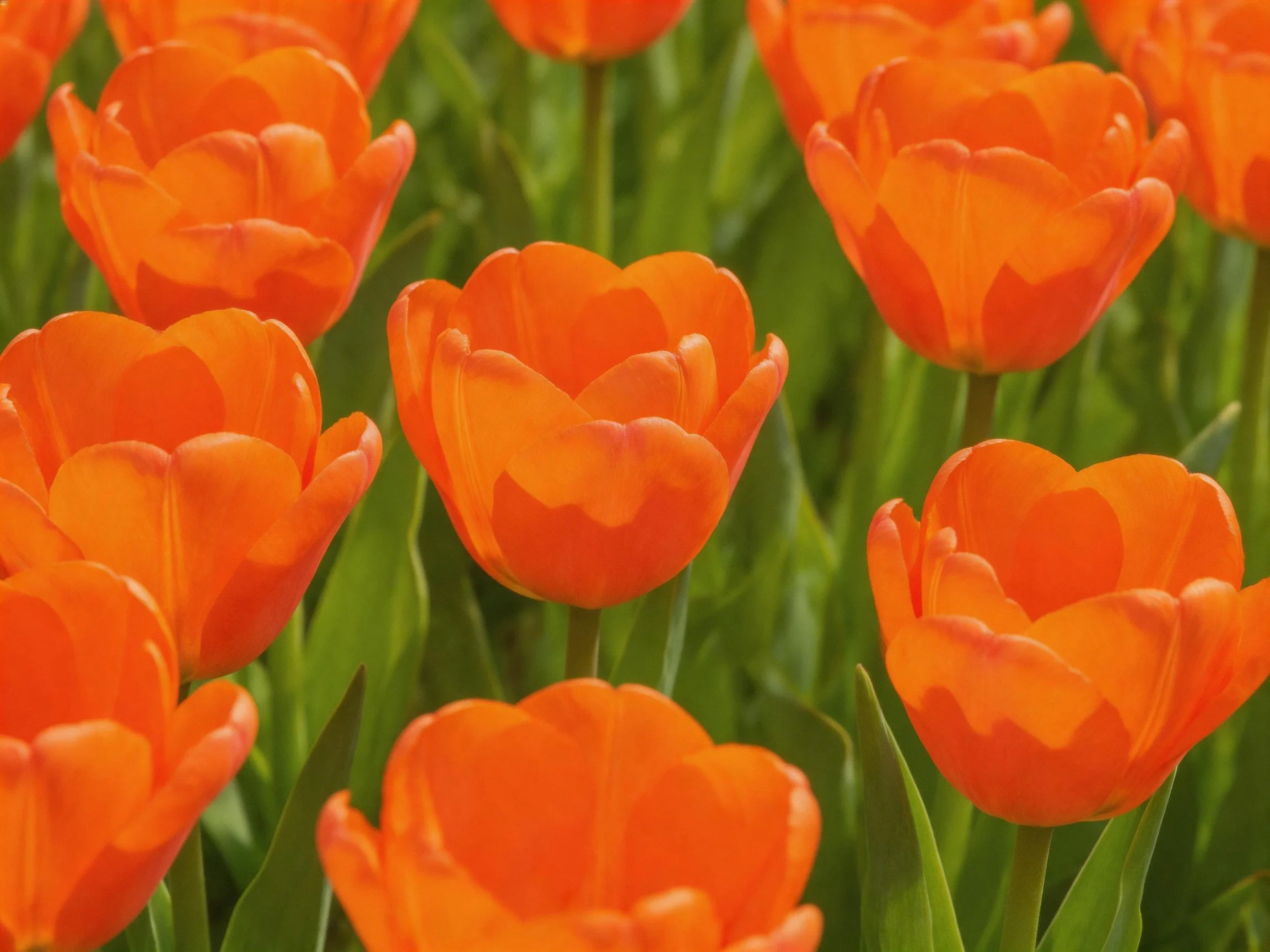 Vibrant orange tulip flowers blooming among lush green foliage