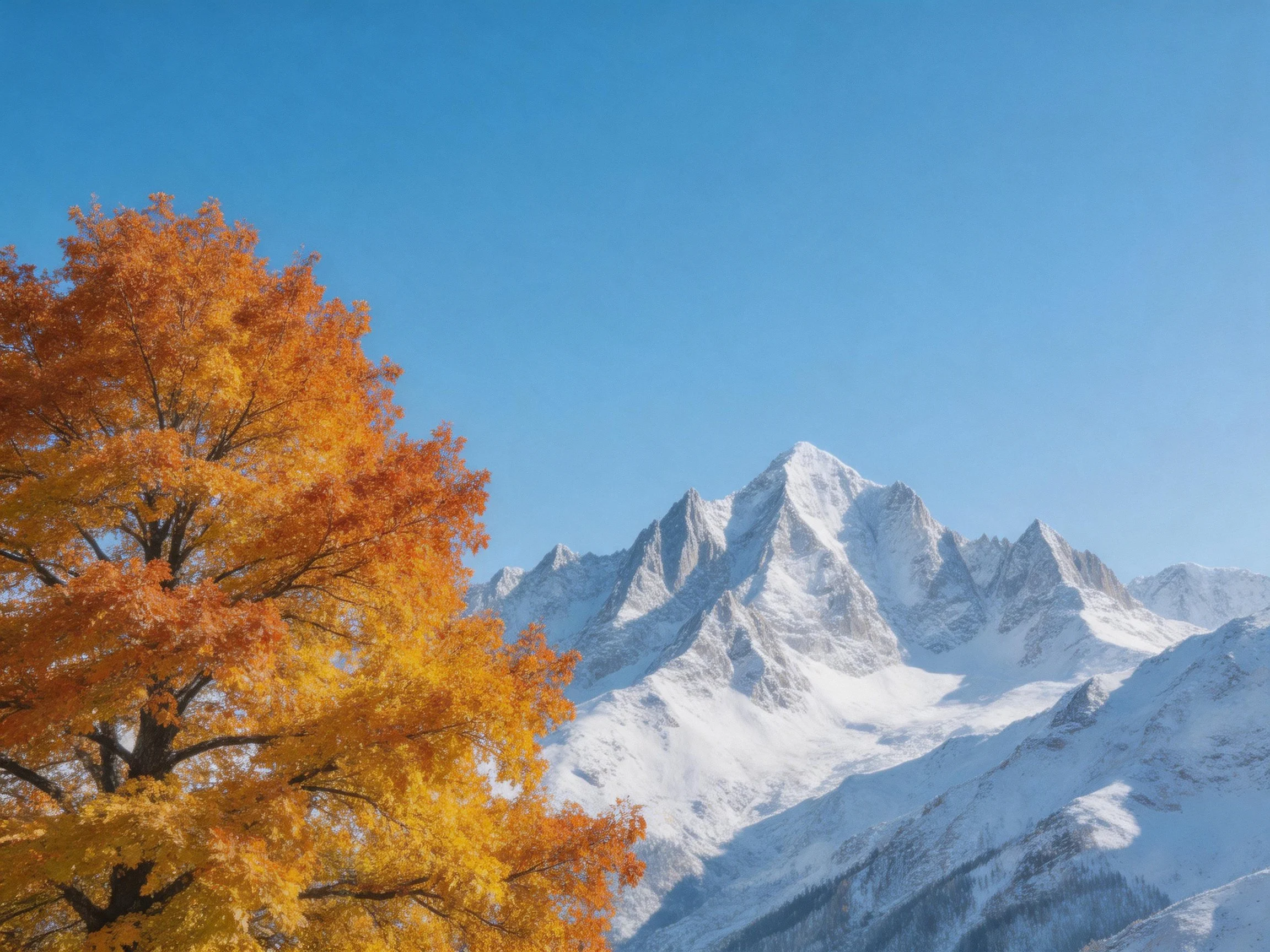 Vibrant orange-yellow tree beside towering snowy peaks