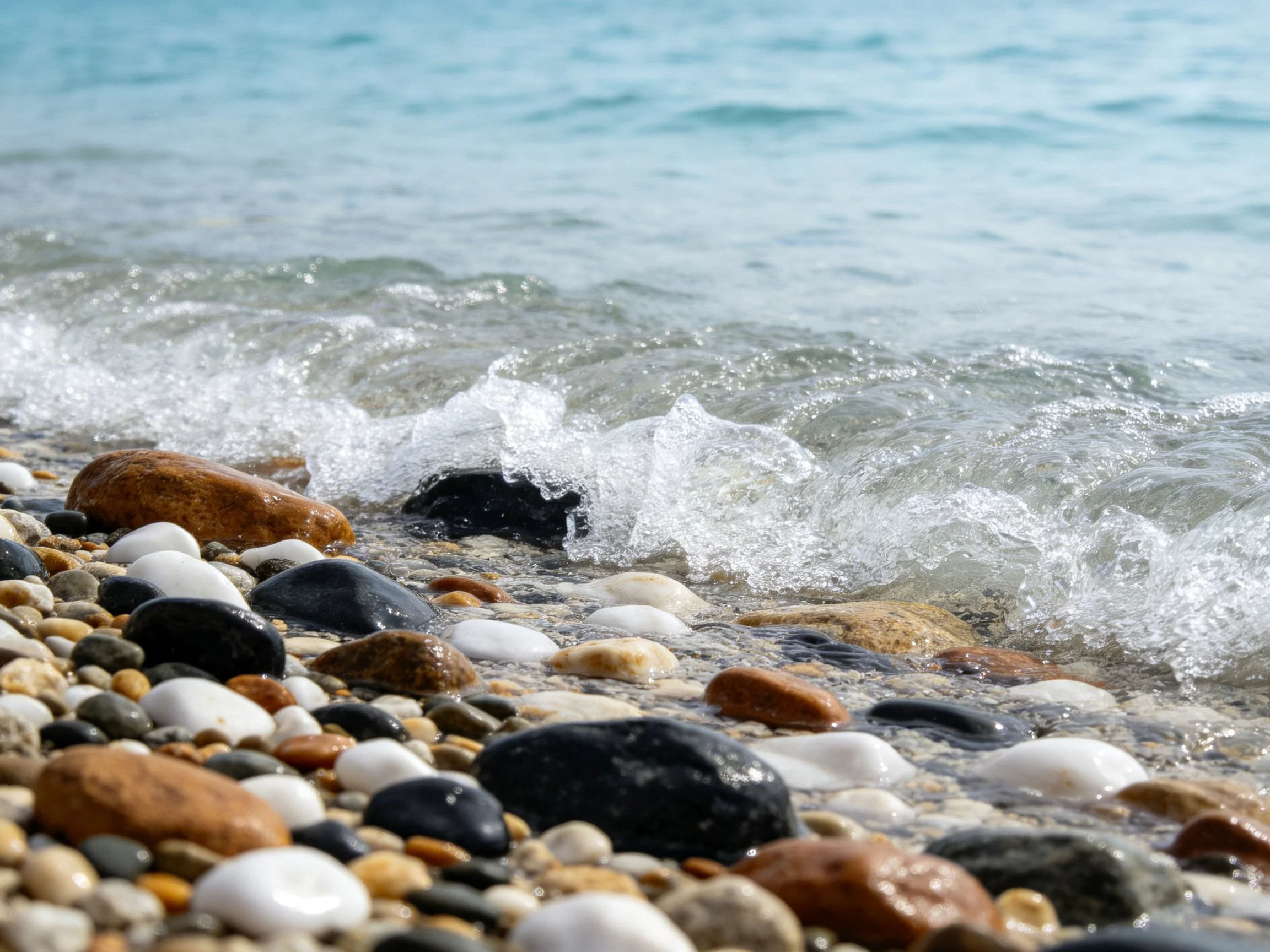 Vibrant pebbles of multiple hues near crashing ocean waves