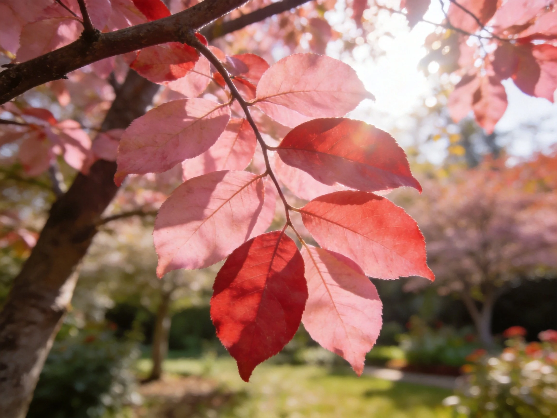 Vibrant pink and red autumn leaves illuminated by golden sunlight