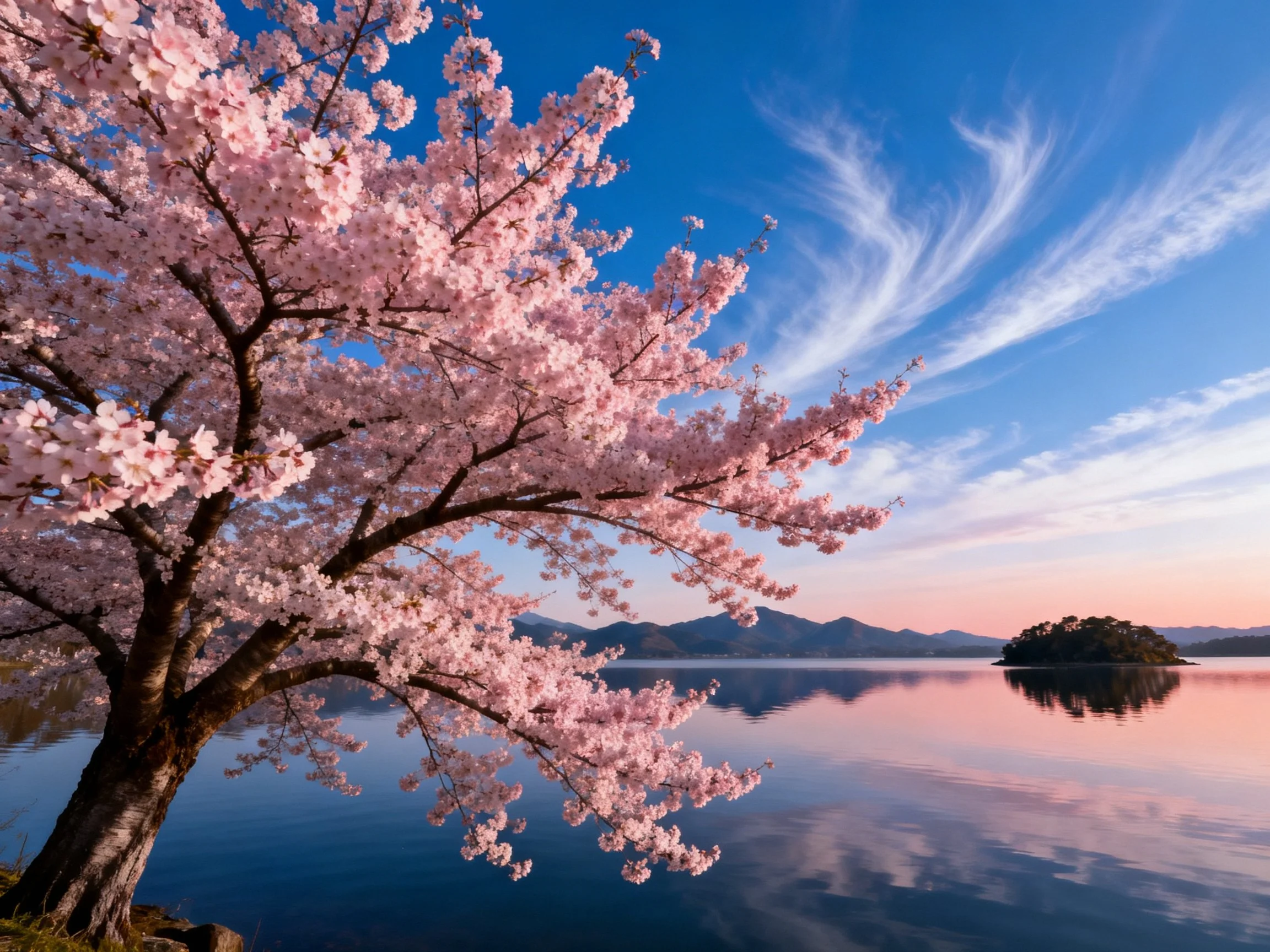 Vibrant pink cherry blossoms beside a serene lake with distant mountains