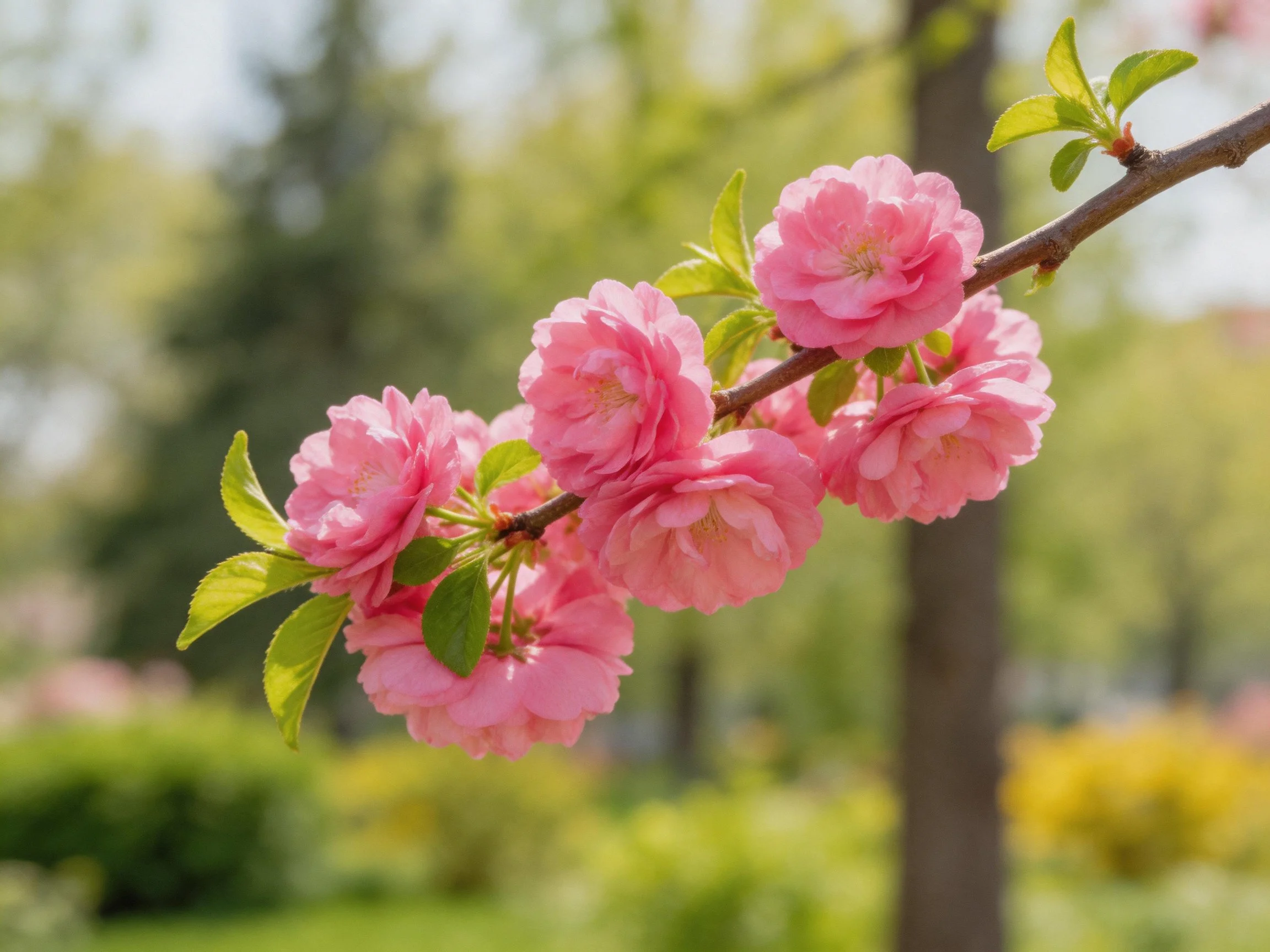 Vibrant pink flowers bloom on a branch with green foliage