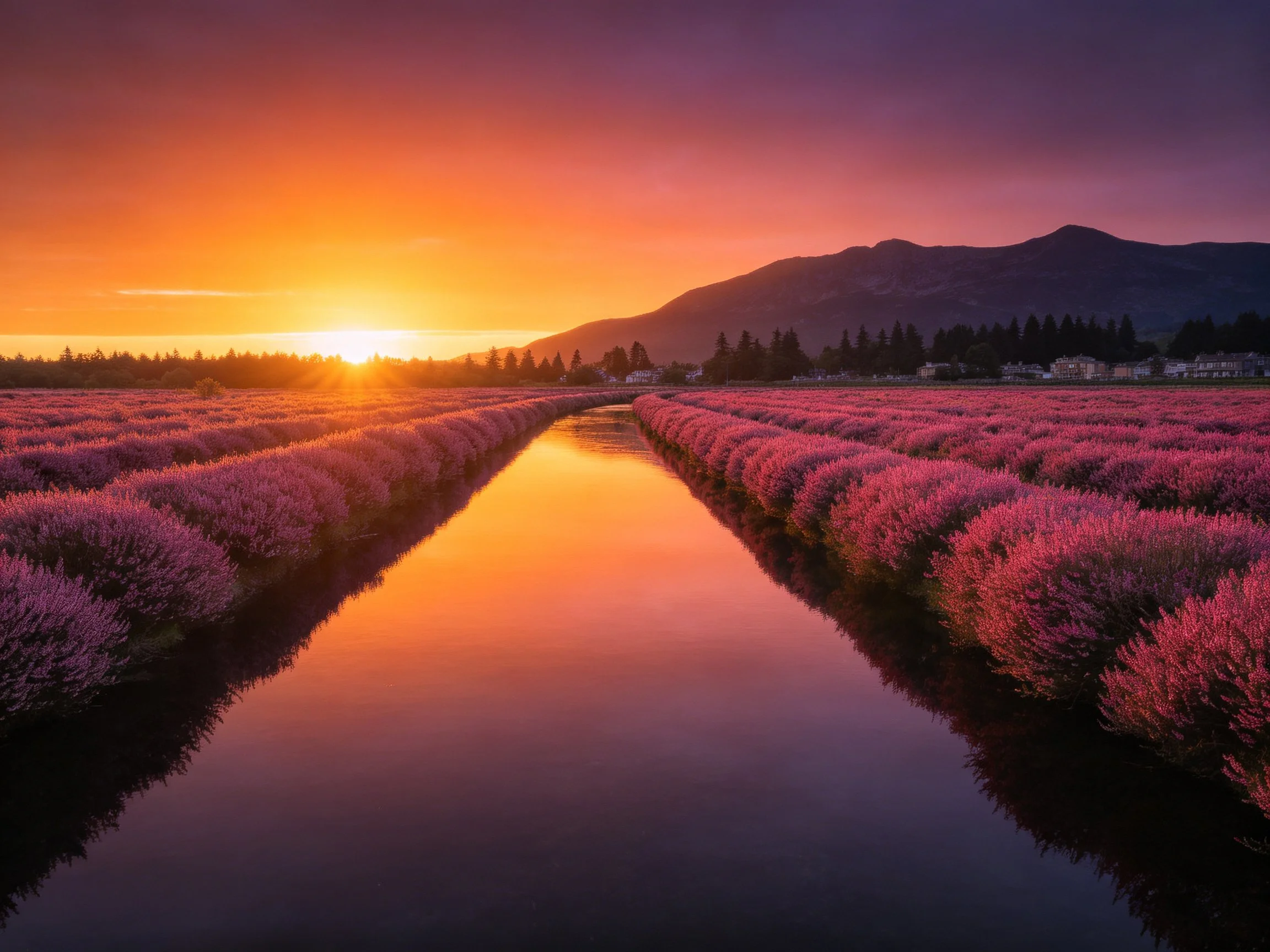 Vibrant pink-purple flowerfields reflect in a canal under a colorful sunset sky