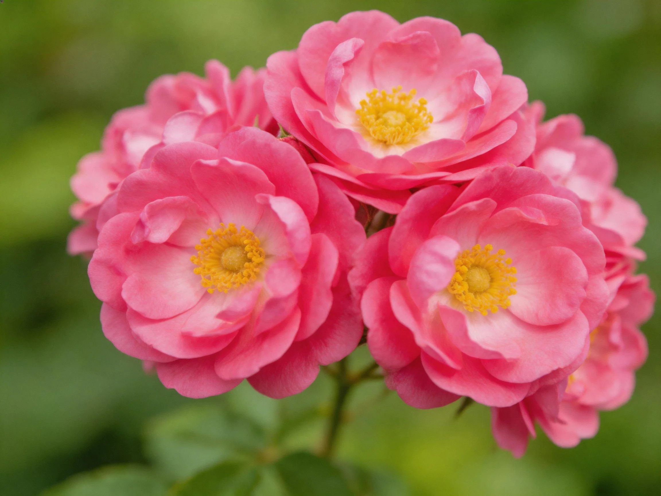 Vibrant pink roses with golden centers clustered together