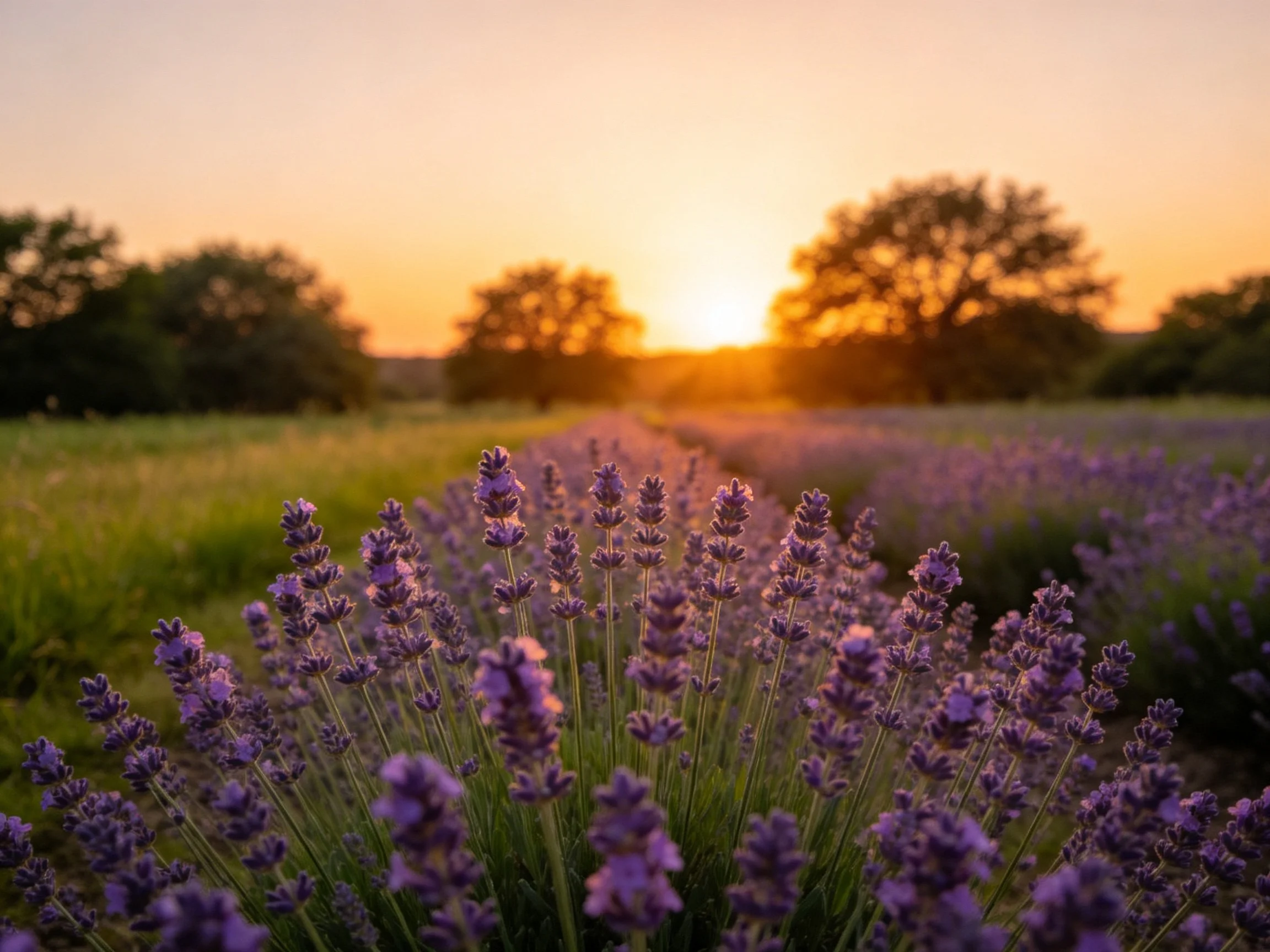 Vibrant purple lavender blooms under golden sunset sky
