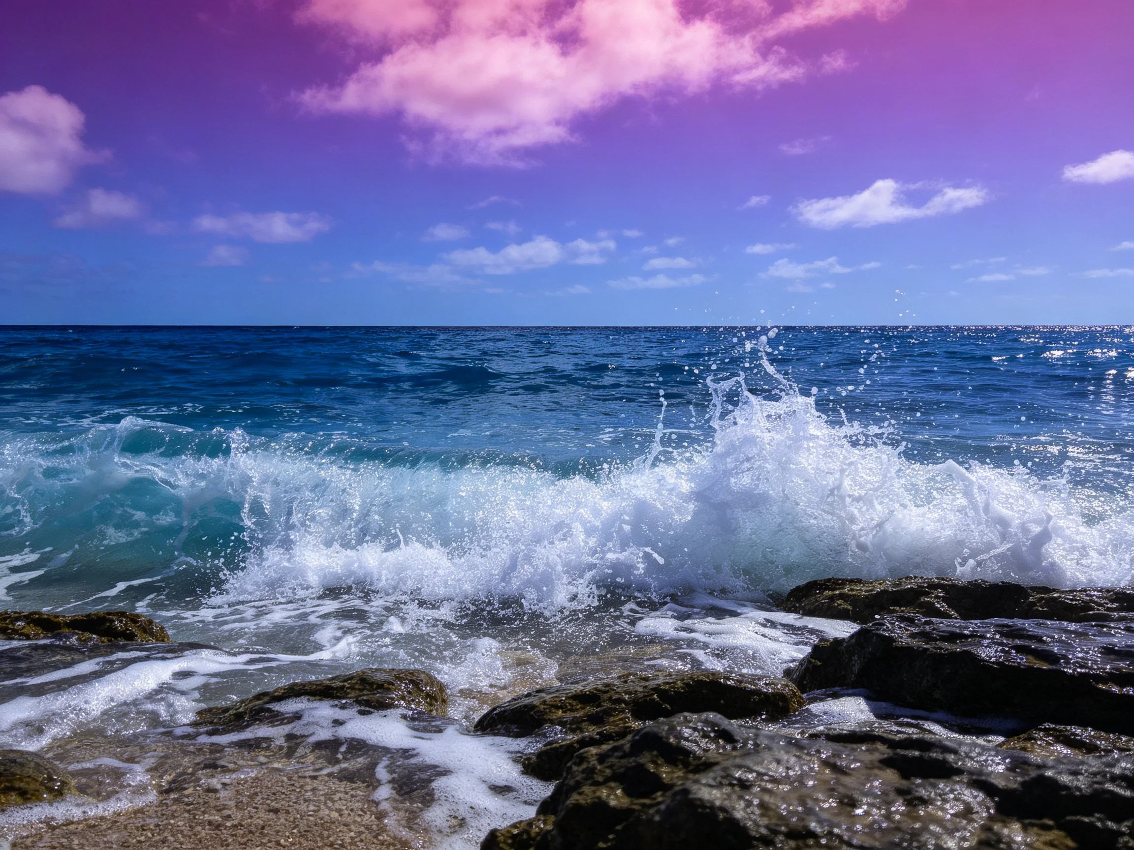 Vibrant purple-pink sky overlooks turquoise waves hitting rocky shore