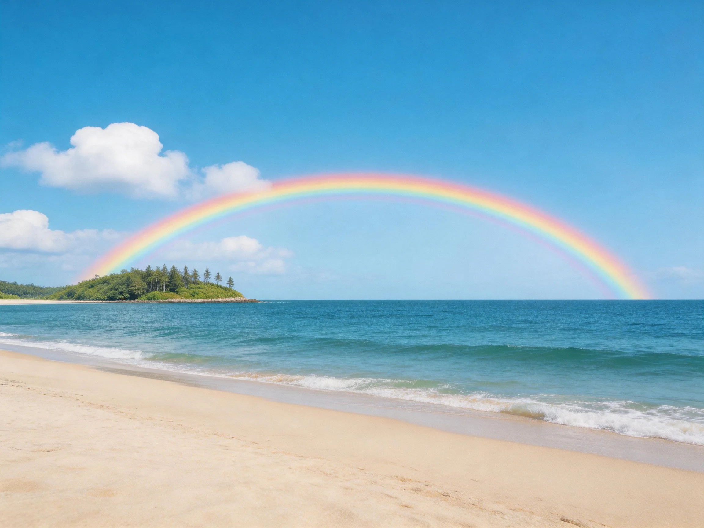 Vibrant rainbow arches over calm ocean near sandy shore