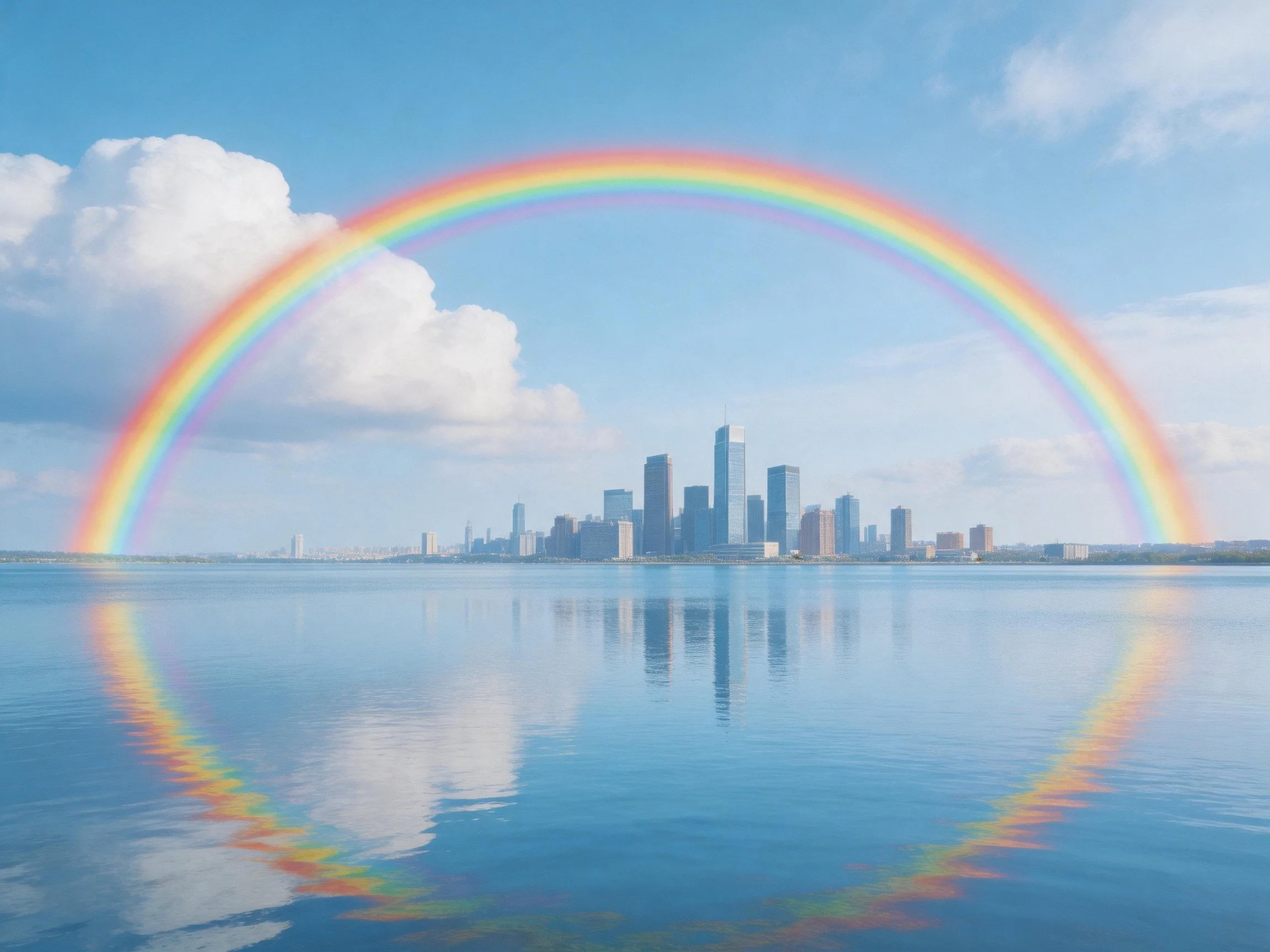 Vibrant rainbow arches over modern city skyline reflected in calm water