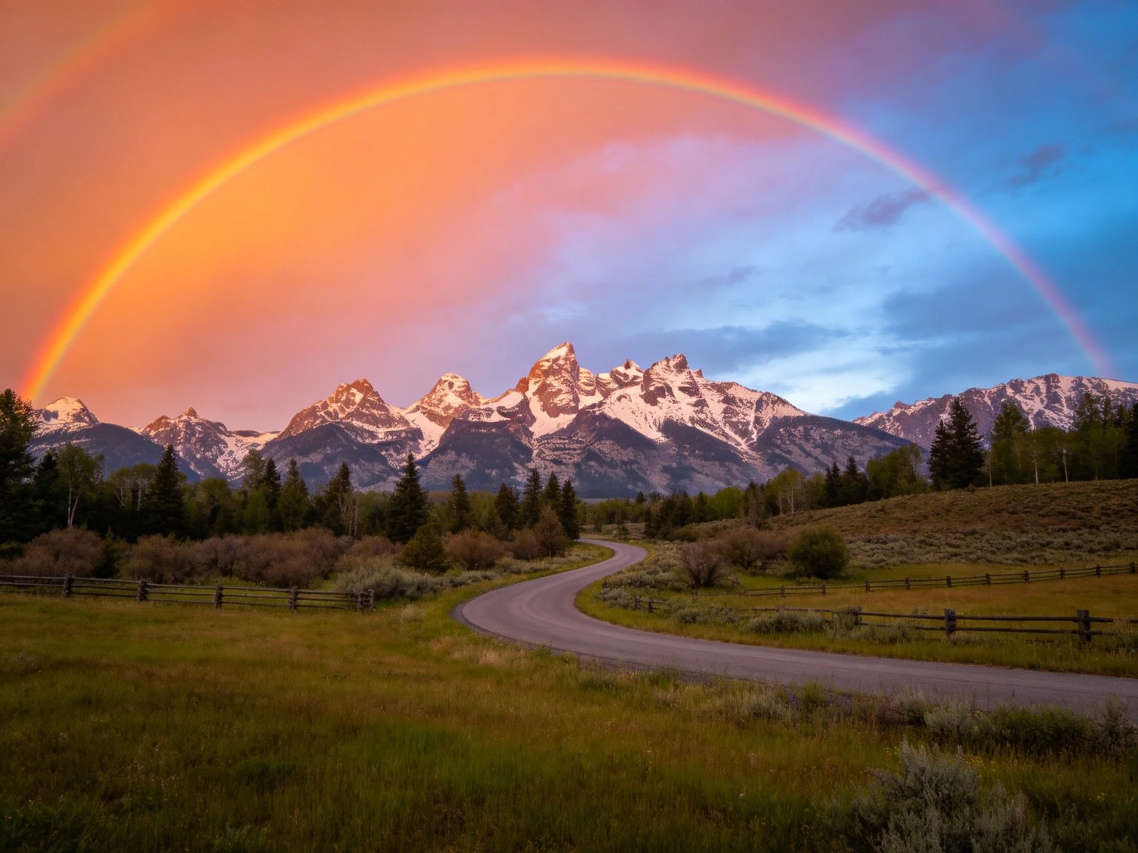 Vibrant rainbow arcs over snow - capped peaks near a winding road