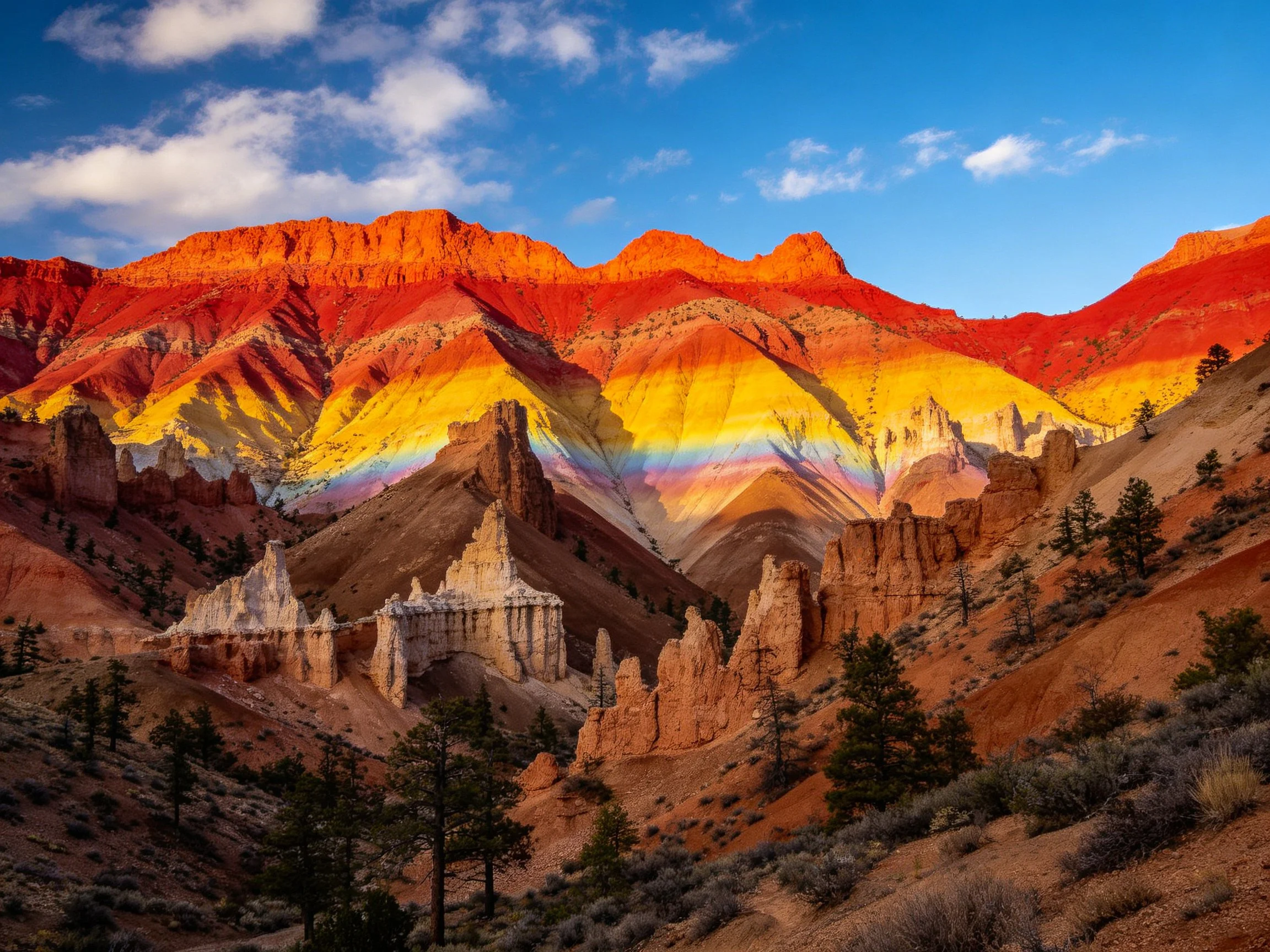 Vibrant rainbow-hued layered mountains with hoodoos