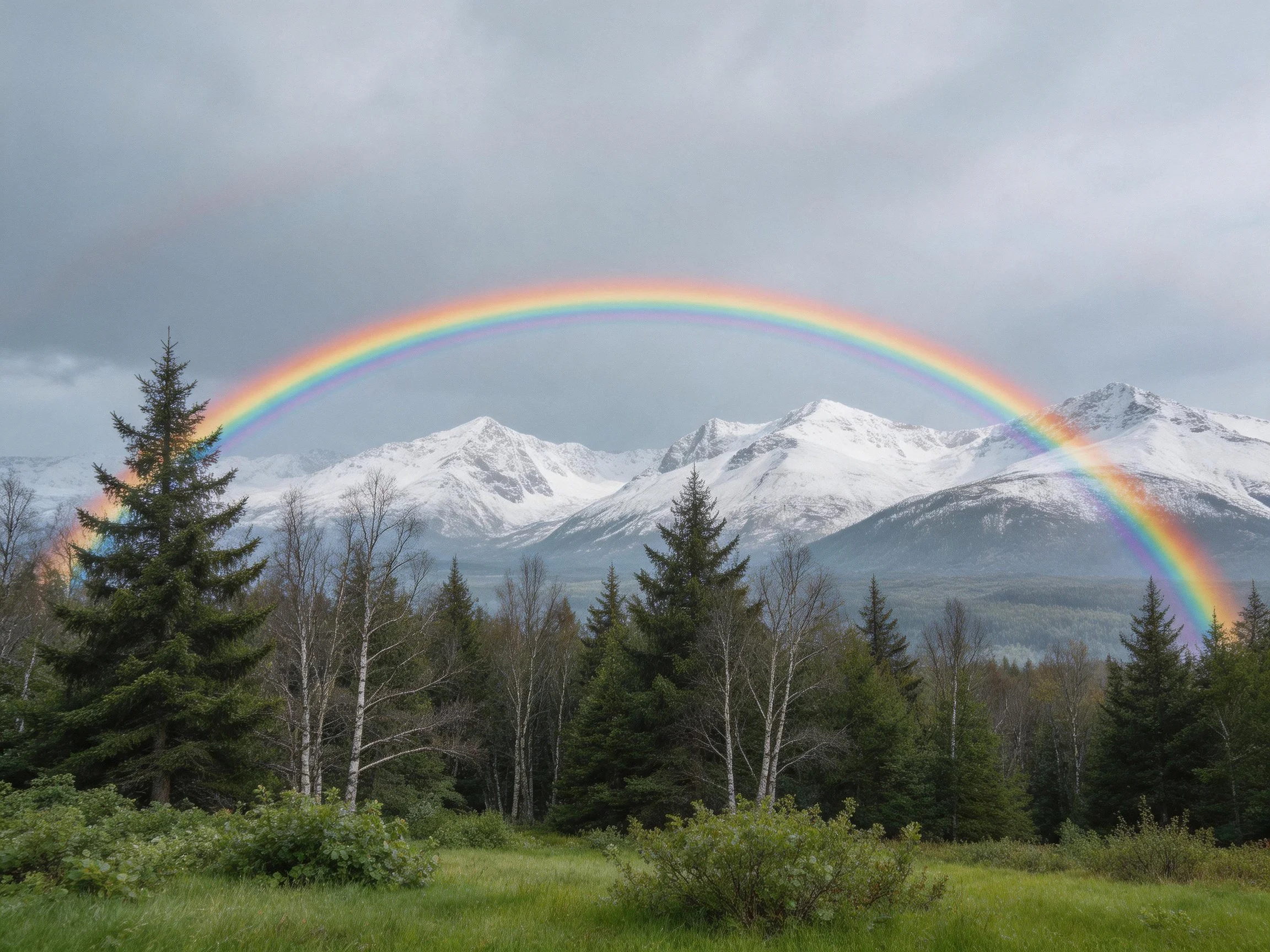 Vibrant rainbow spans snowy mountain range with forested foreground.