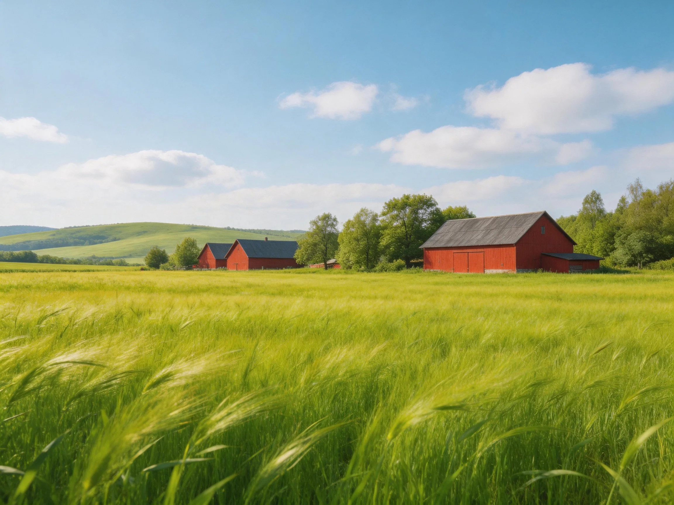 Vibrant red barns in sprawling green meadow under sunny sky