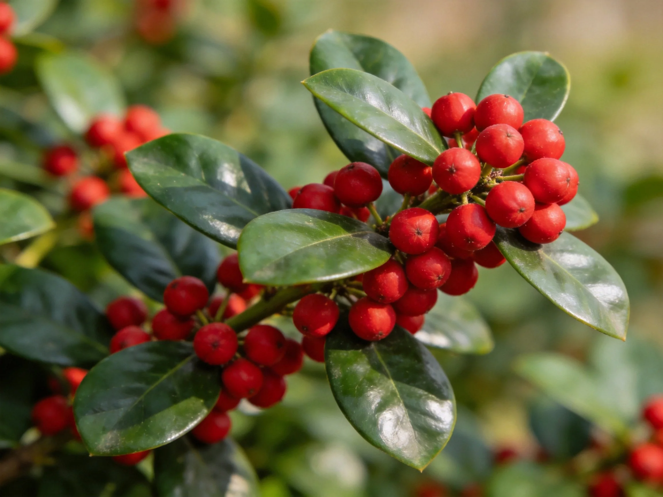 Vibrant red berries clustered among glossy dark green holly leaves