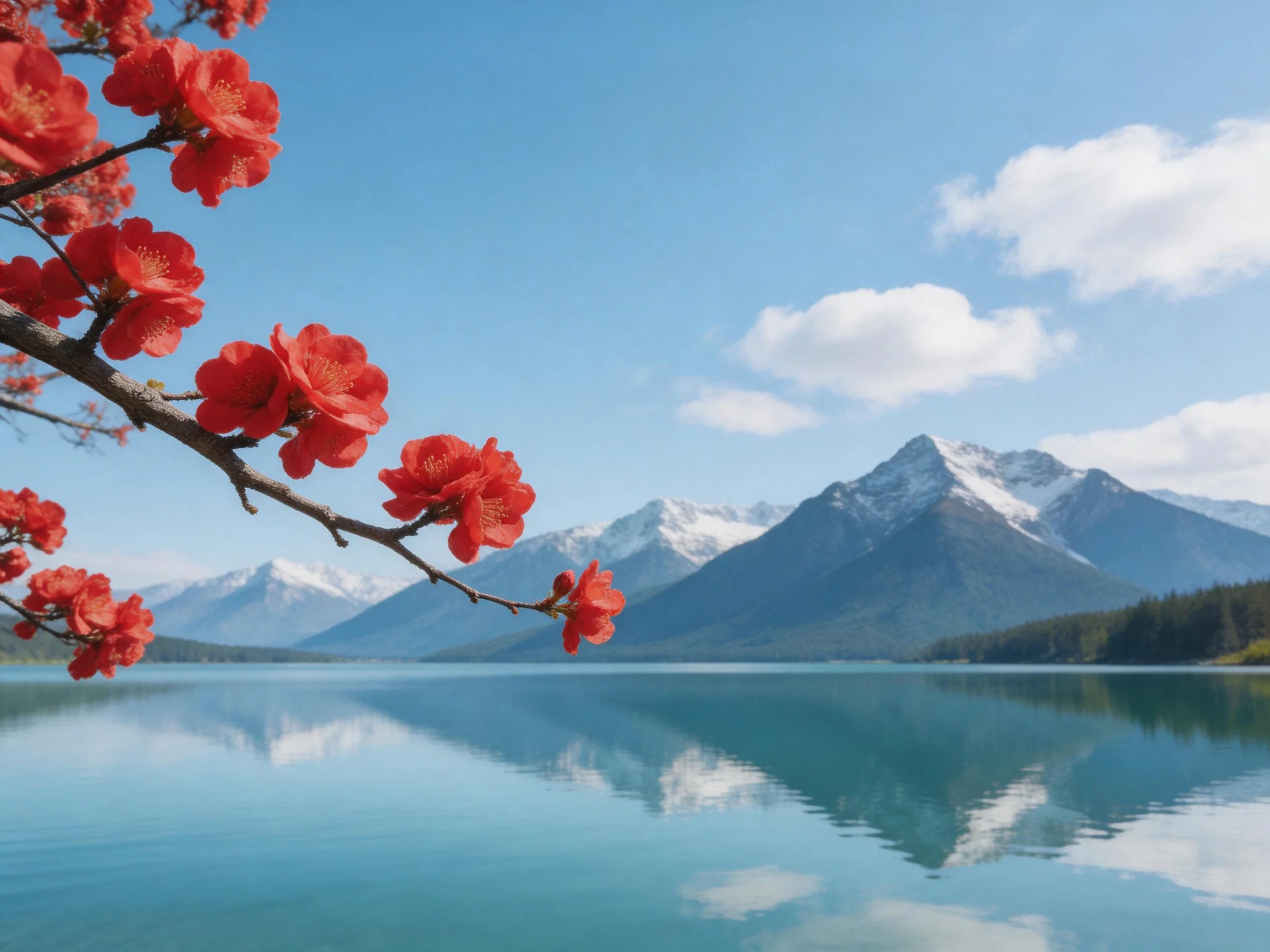 Vibrant red blossoms frame a serene lake with snow - capped mountains