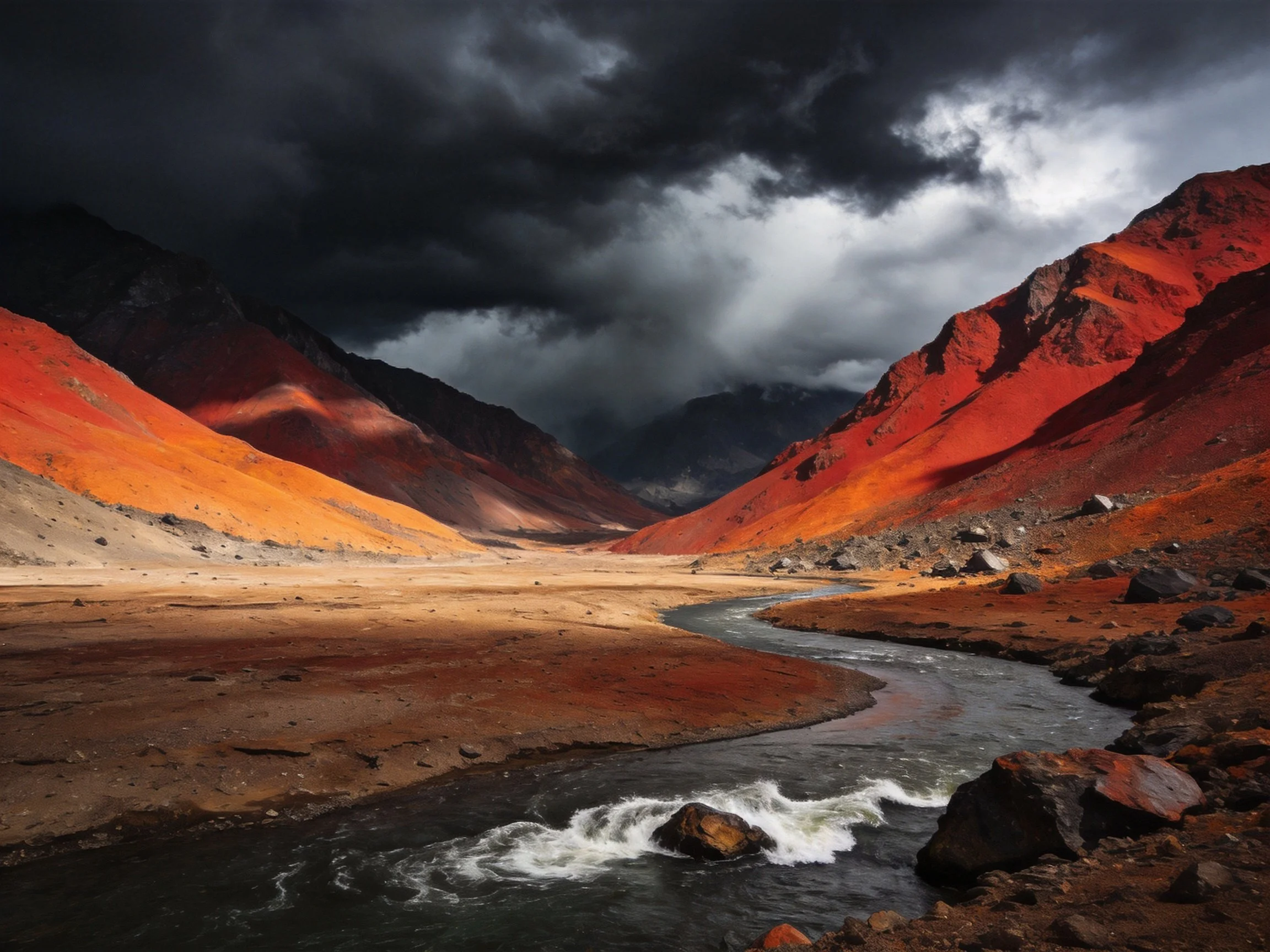 Vibrant red-orange mountains frame a winding river under dark storm clouds.
