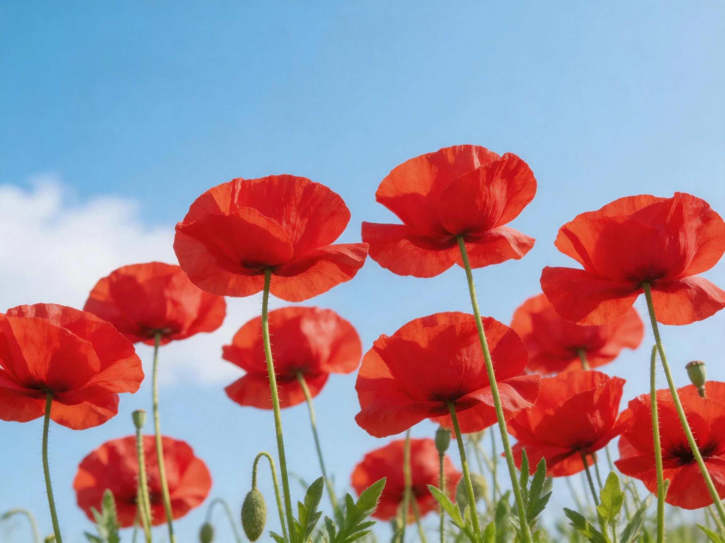 Vibrant red poppies bloom against clear blue sky