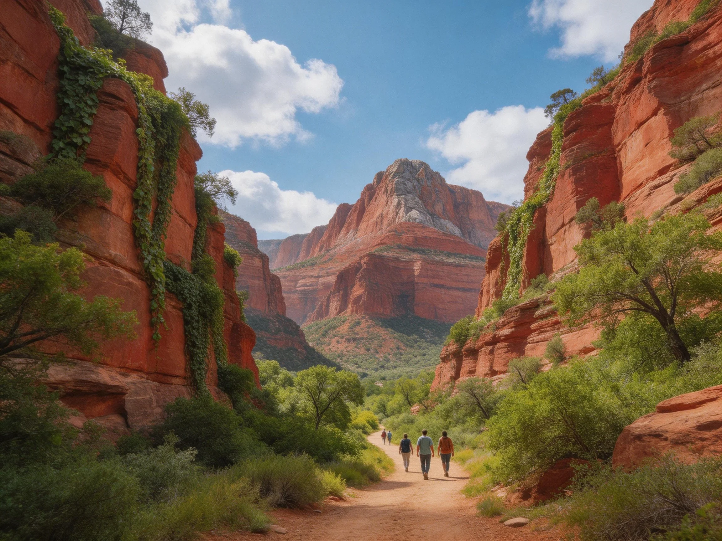 Vibrant red rock canyon with hikers and lush vegetation