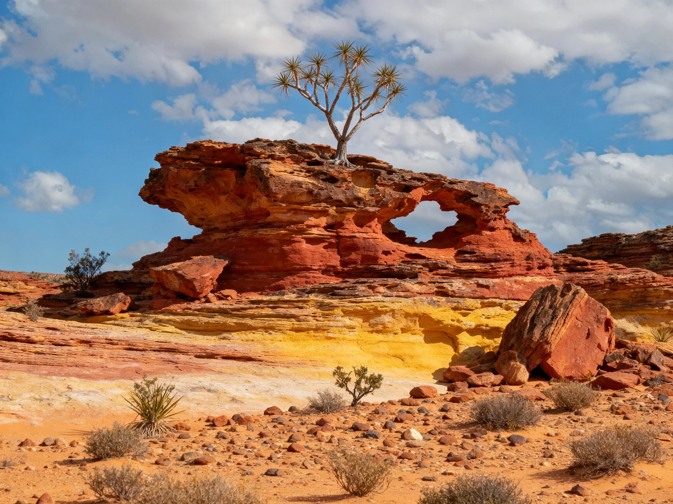 Vibrant red rock formation with unique tree, arid desert terrain