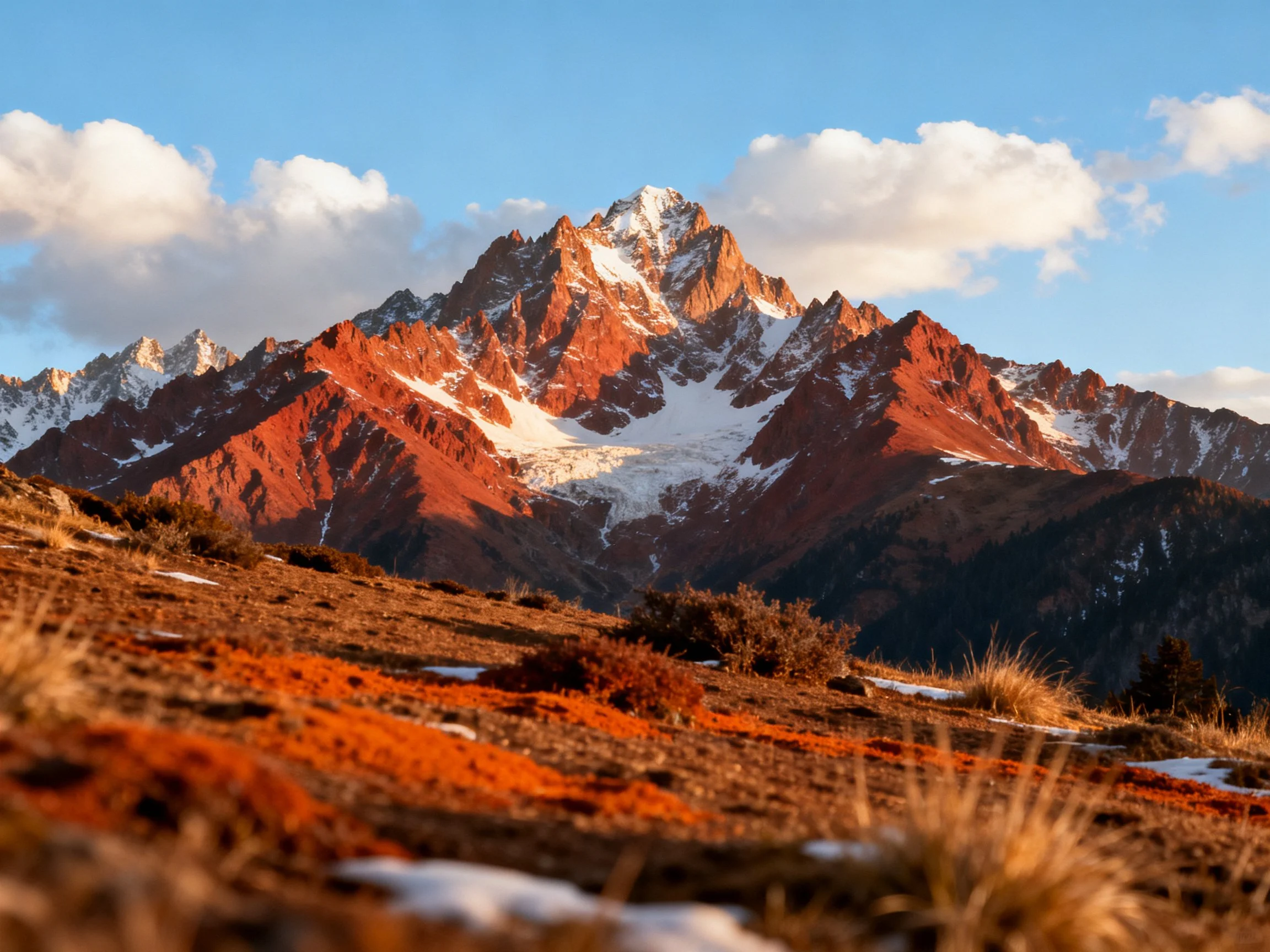 Vibrant red-rock mountain peaks with snow caps and clear sky