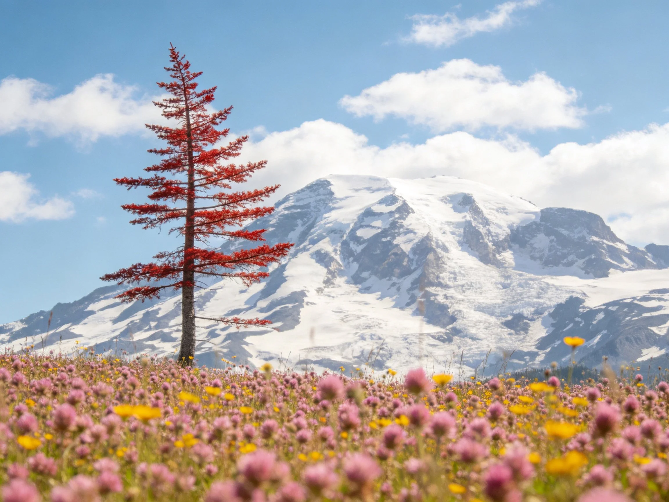 Vibrant red tree beside snow-capped mountain with colorful meadow