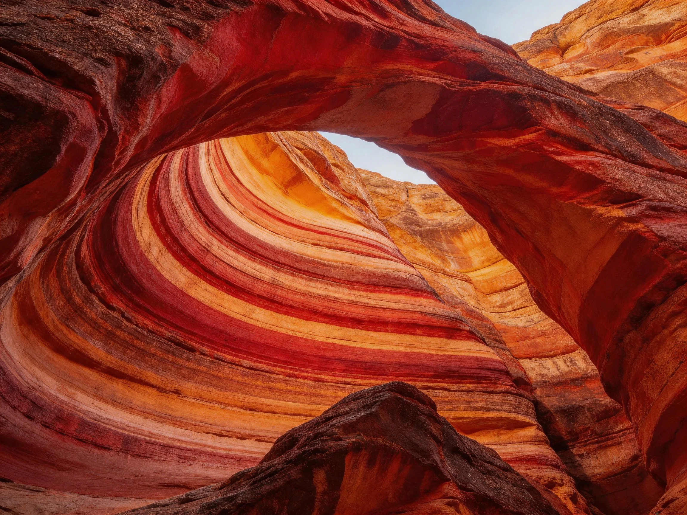 Vibrant striped rock formation with natural stone arch