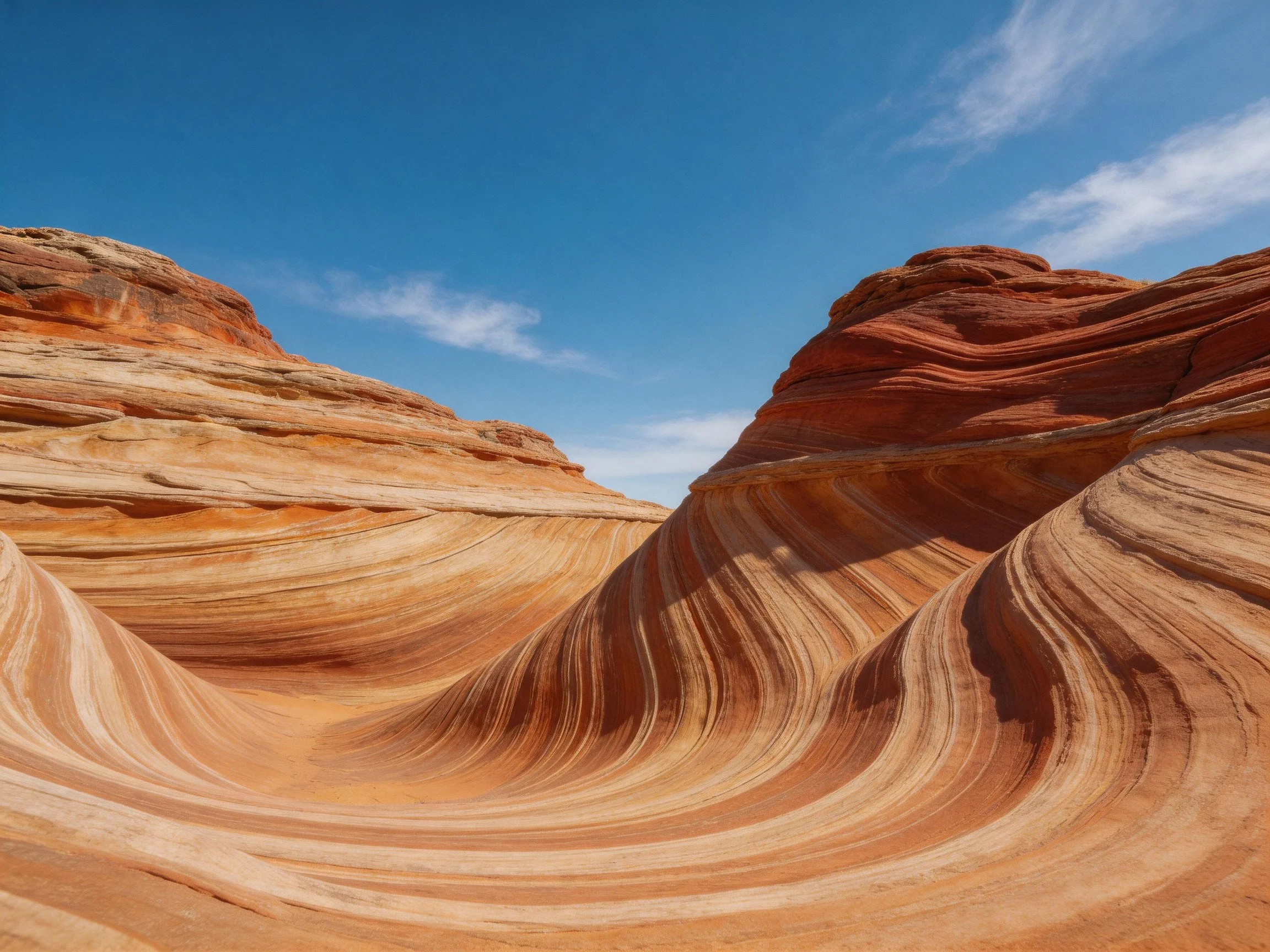 Vibrant striped sandstone formations under clear blue sky