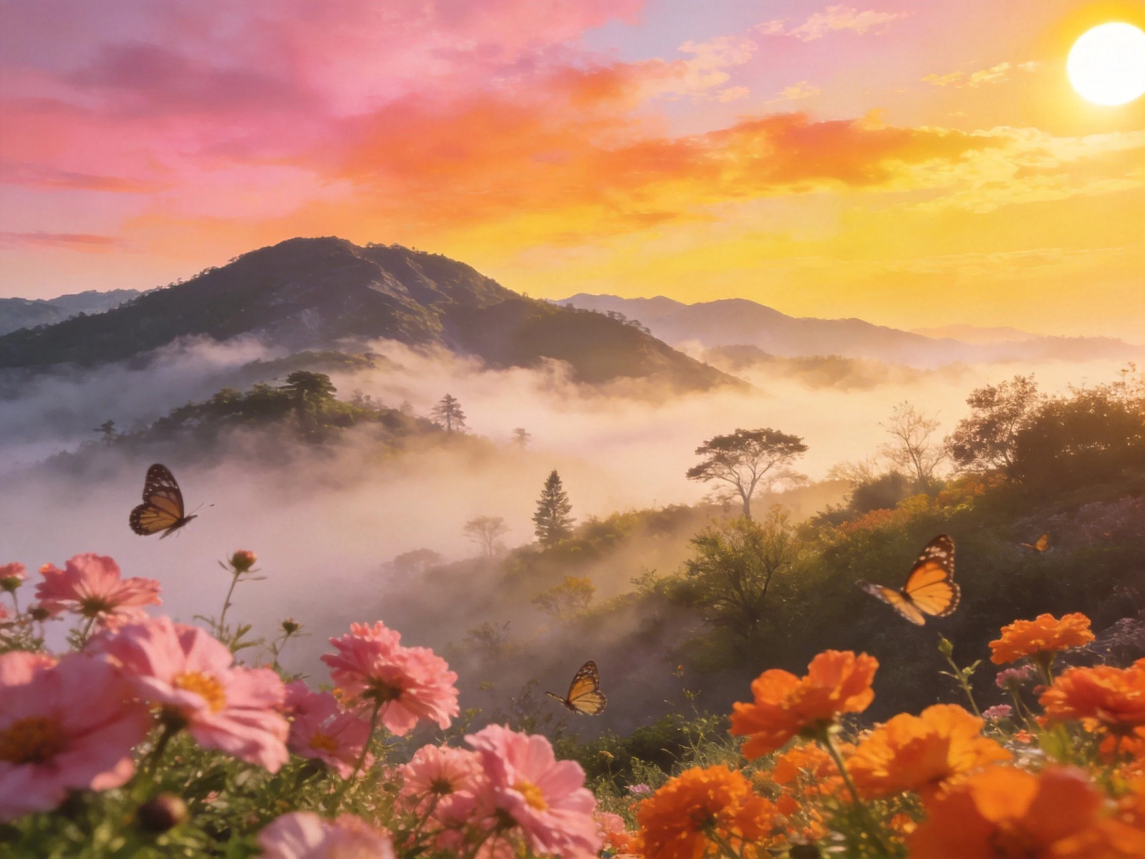 Vibrant sunrise over misty mountains with colorful flowers and butterflies