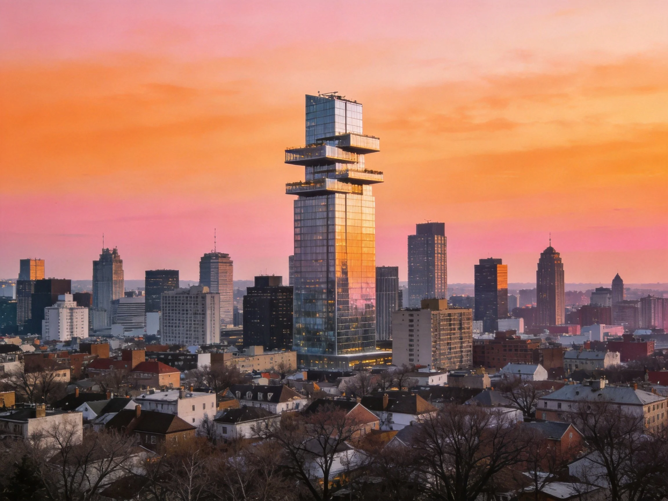 Vibrant sunset frames distinctive modern skyscraper over bustling cityscape