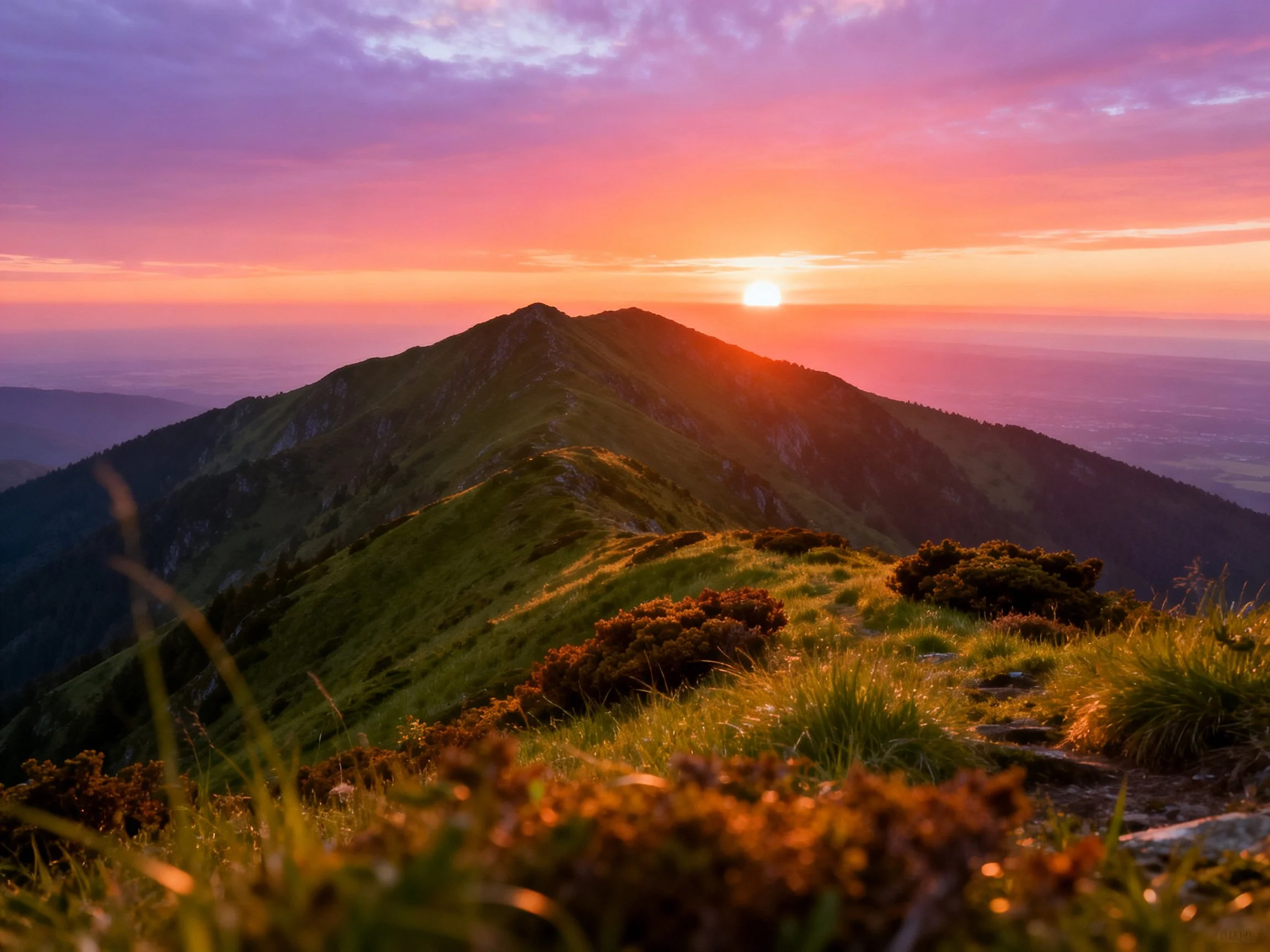Vibrant sunset illuminates a lush mountain ridge