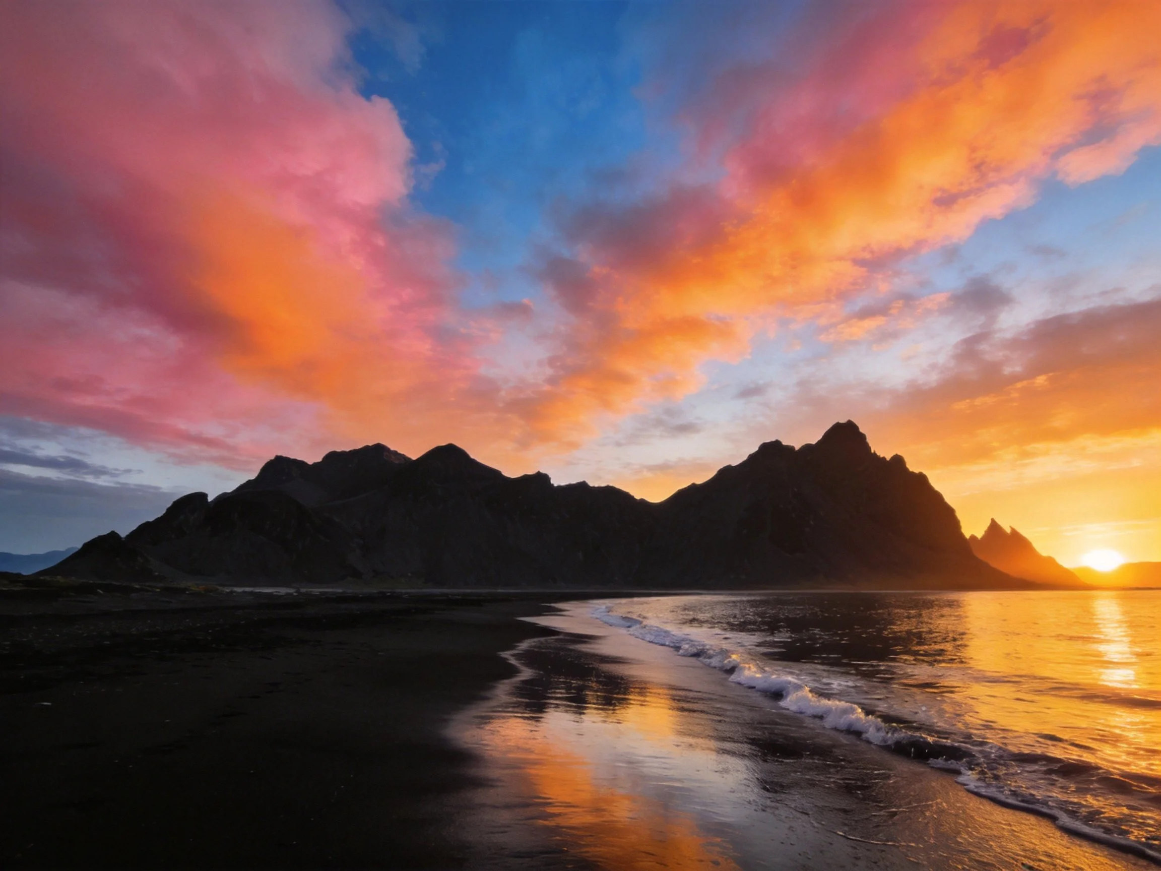 Vibrant sunset illuminates dark coastal mountains and reflective shoreline