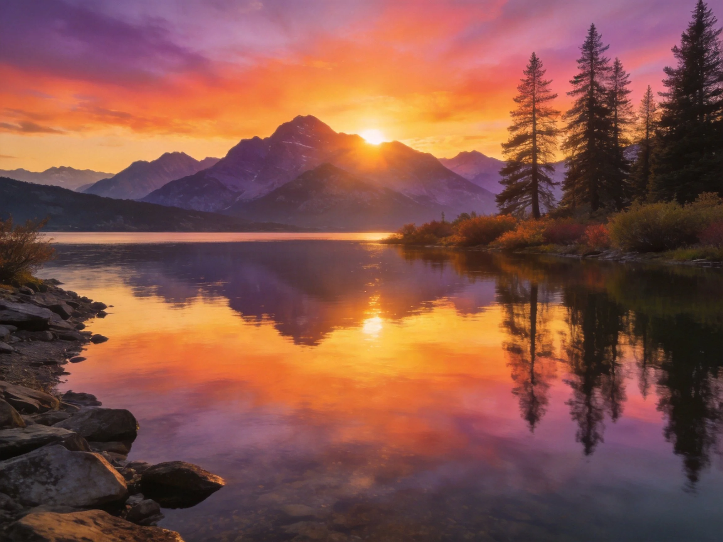 Vibrant sunset illuminates mountain lake with colorful reflections