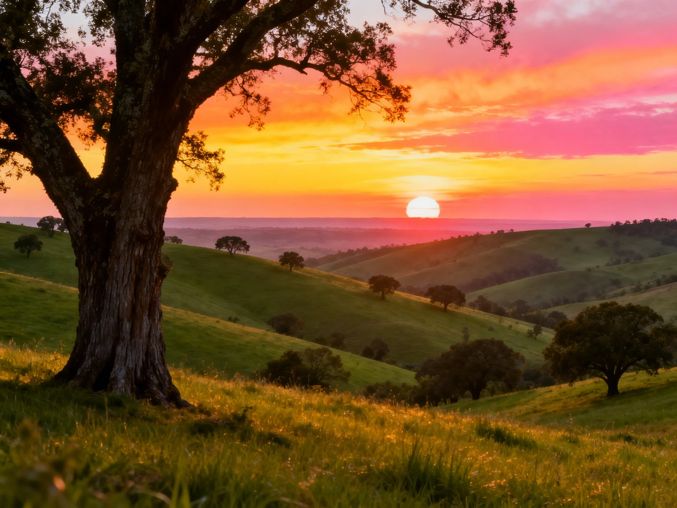 Vibrant sunset illuminates rolling green hills with large tree