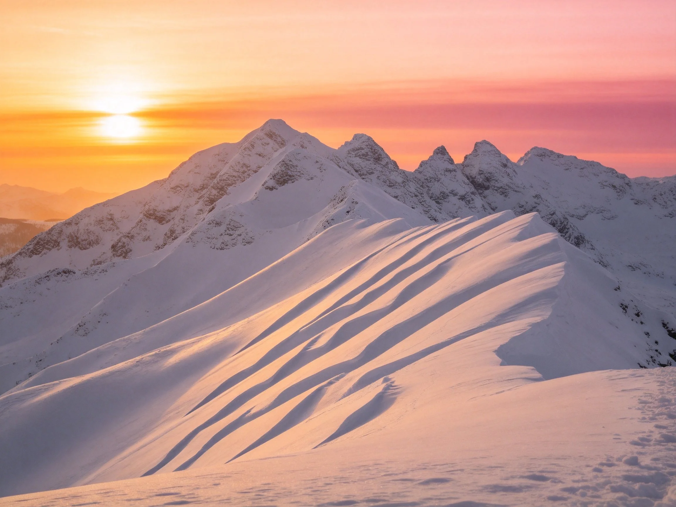 Vibrant sunset illuminates snow-covered mountain peaks
