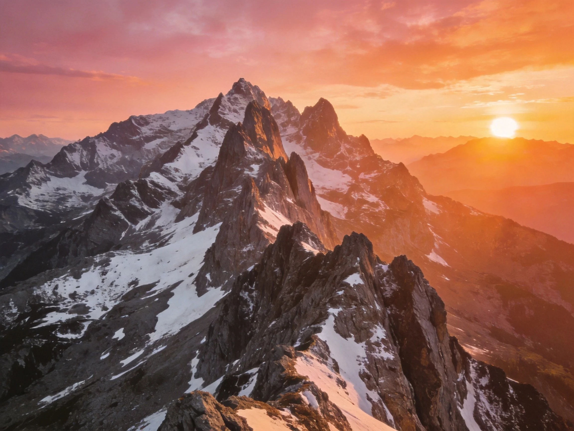 Vibrant sunset illuminates snow-covered mountain ridges