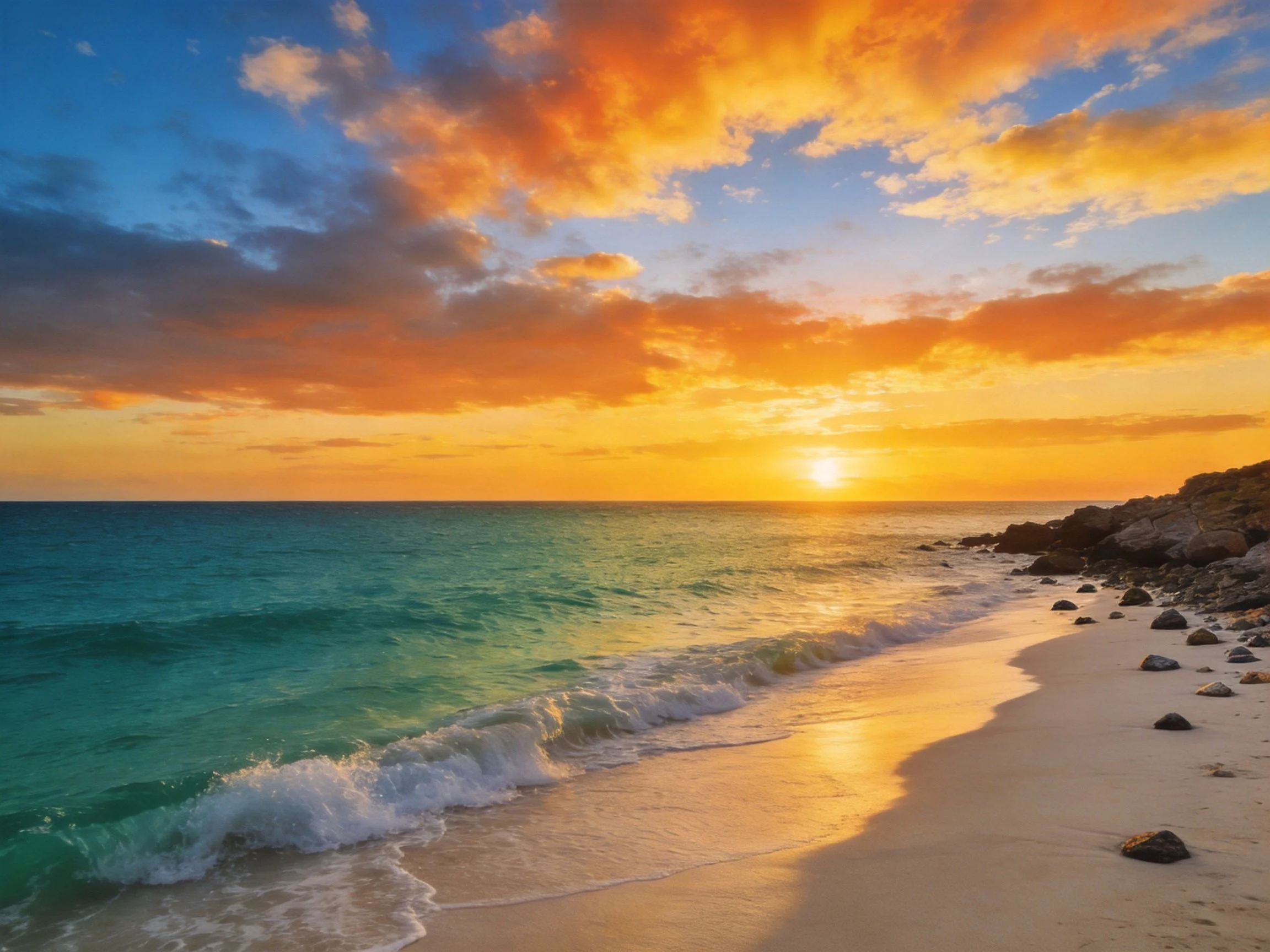 Vibrant sunset illuminates turquoise ocean and sandy shore