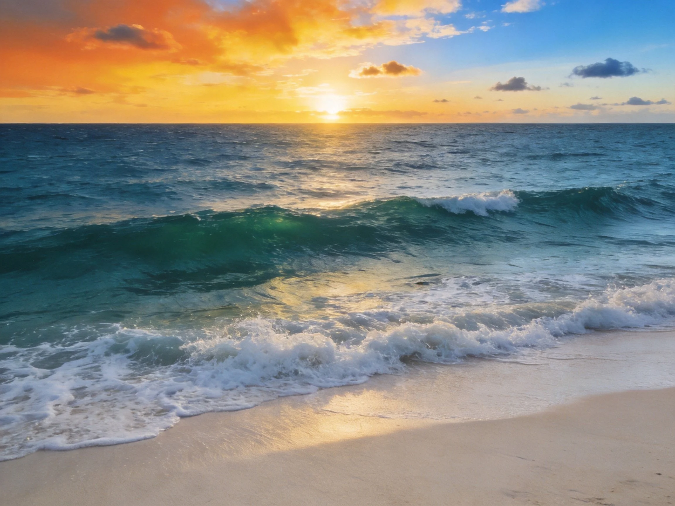 Vibrant sunset illuminates turquoise ocean waves on white sandy beach