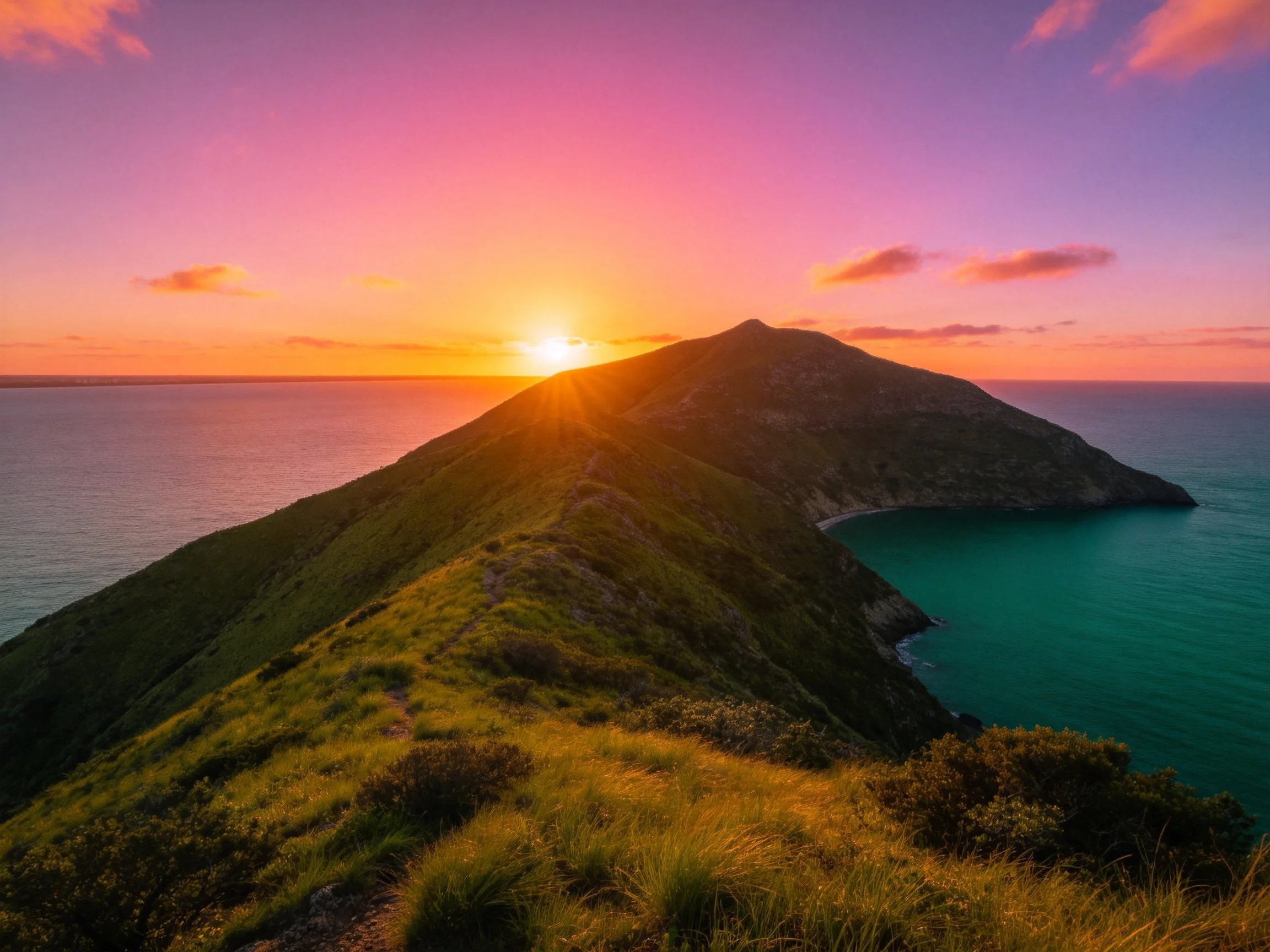 Vibrant sunset over a coastal mountain peak