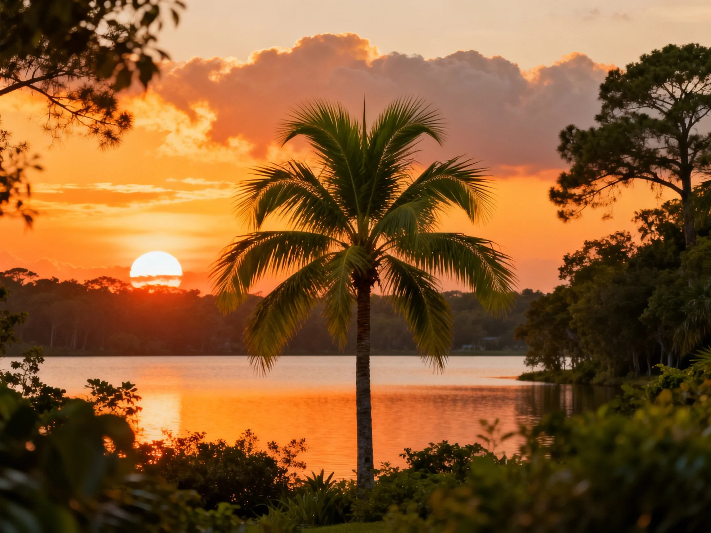 Vibrant sunset over calm lake with central palm tree
