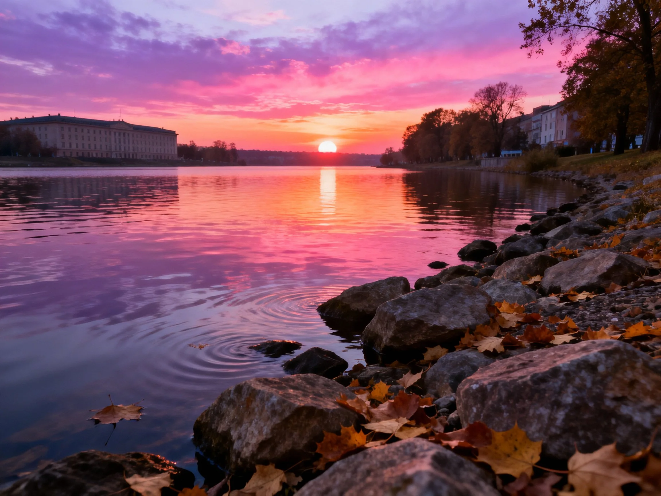 Vibrant sunset over calm lake with rocky shore and autumn foliage