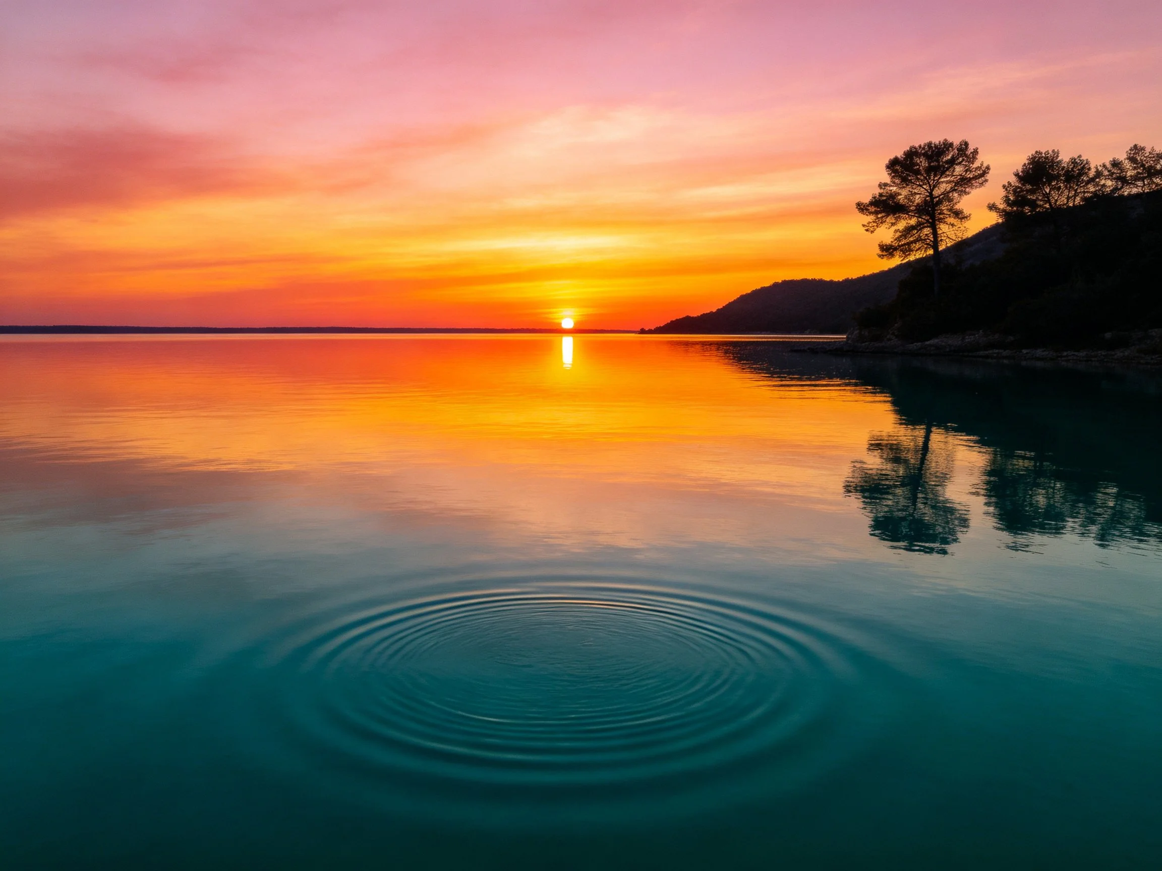 Vibrant sunset over calm turquoise waters with silhouetted trees