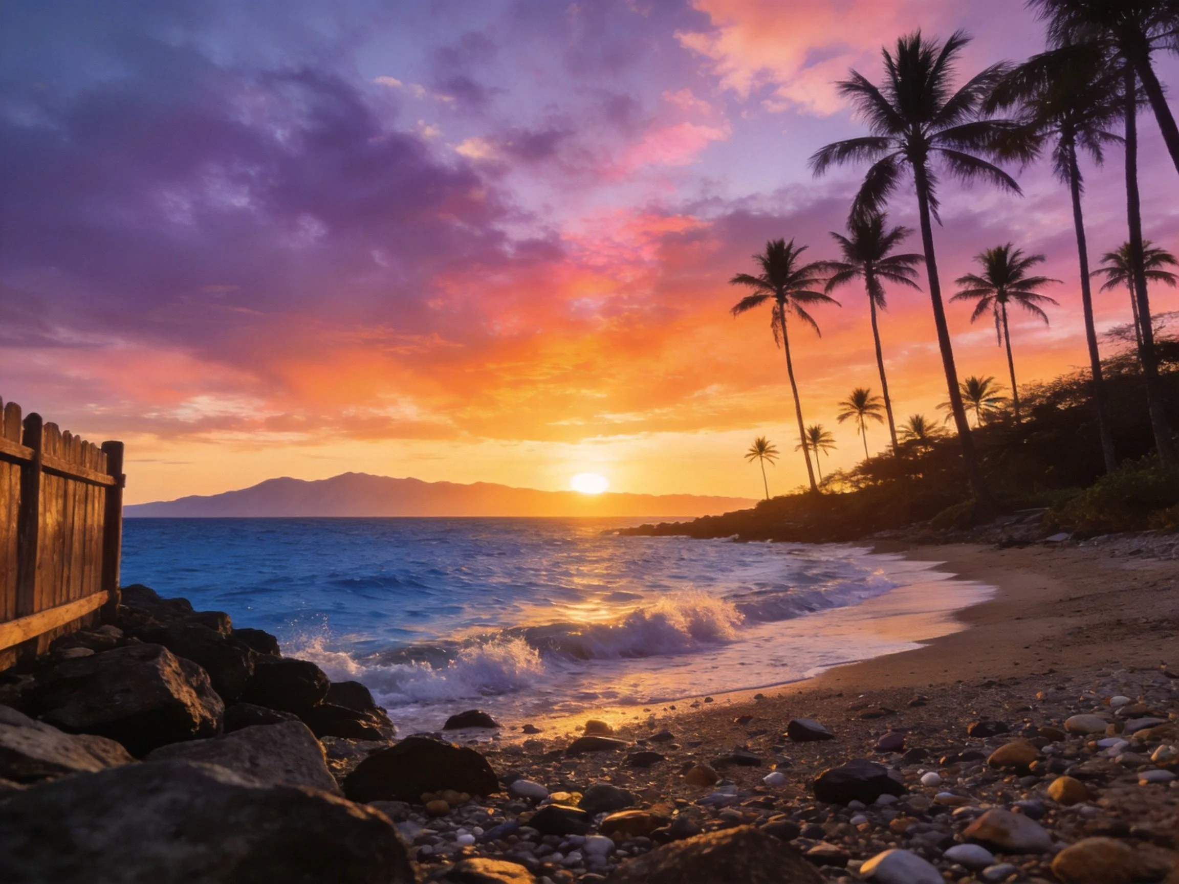 Vibrant sunset over rocky tropical beach with palm trees