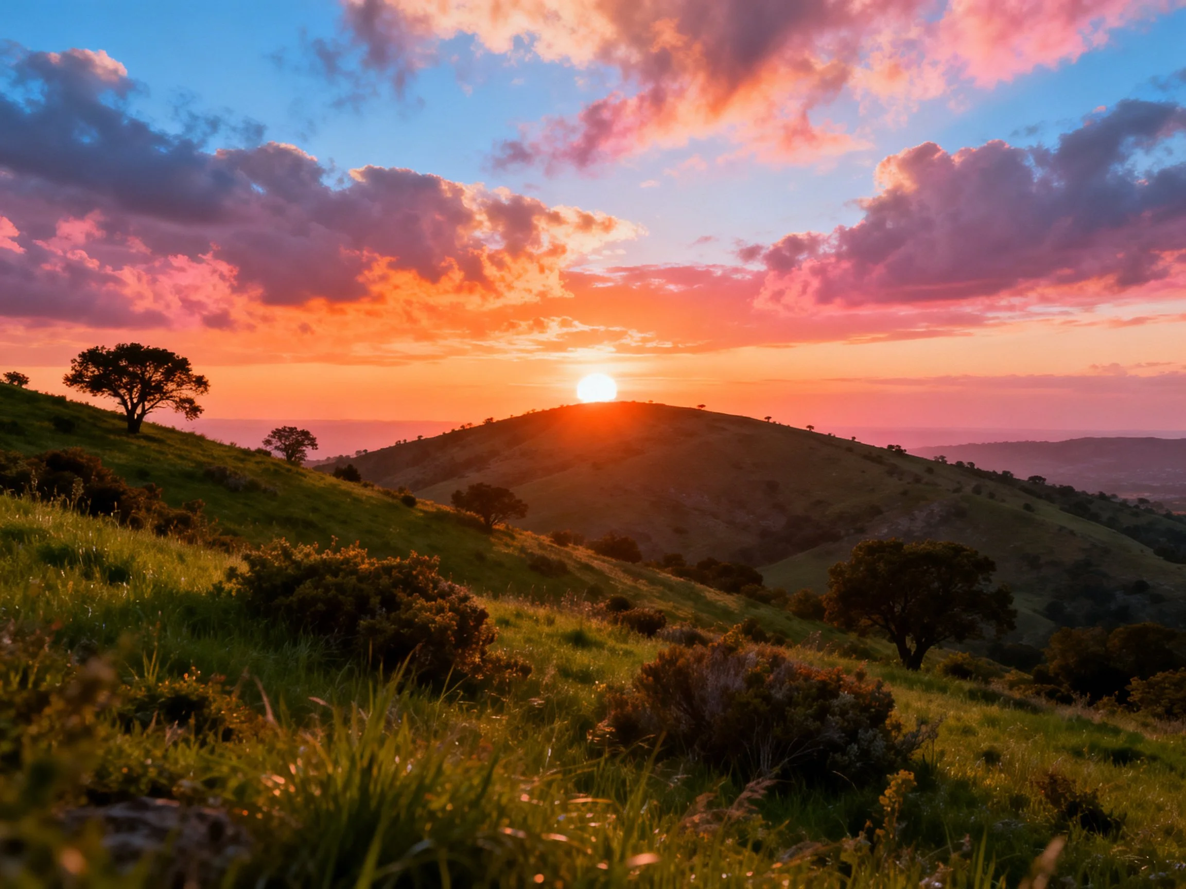 Vibrant sunset over rolling green hills with scattered trees
