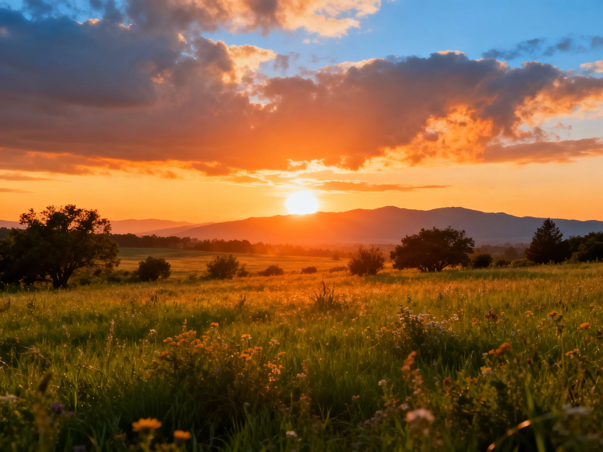 Vibrant sunset over rolling hills and lush meadow
