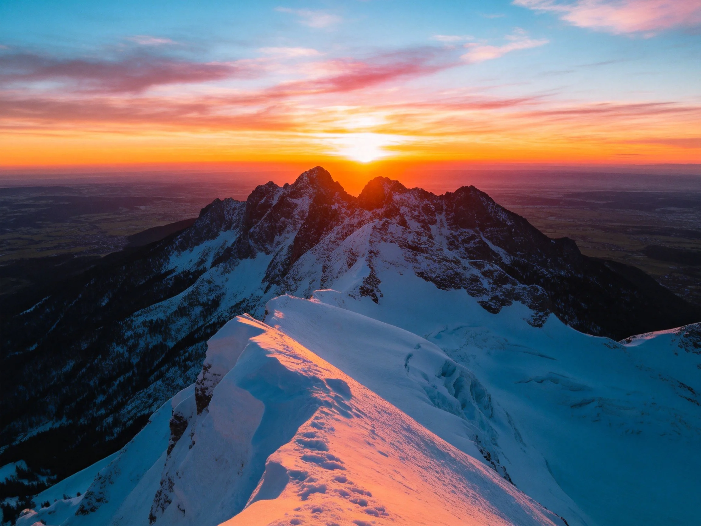 Vibrant sunset over snow - capped mountain peaks